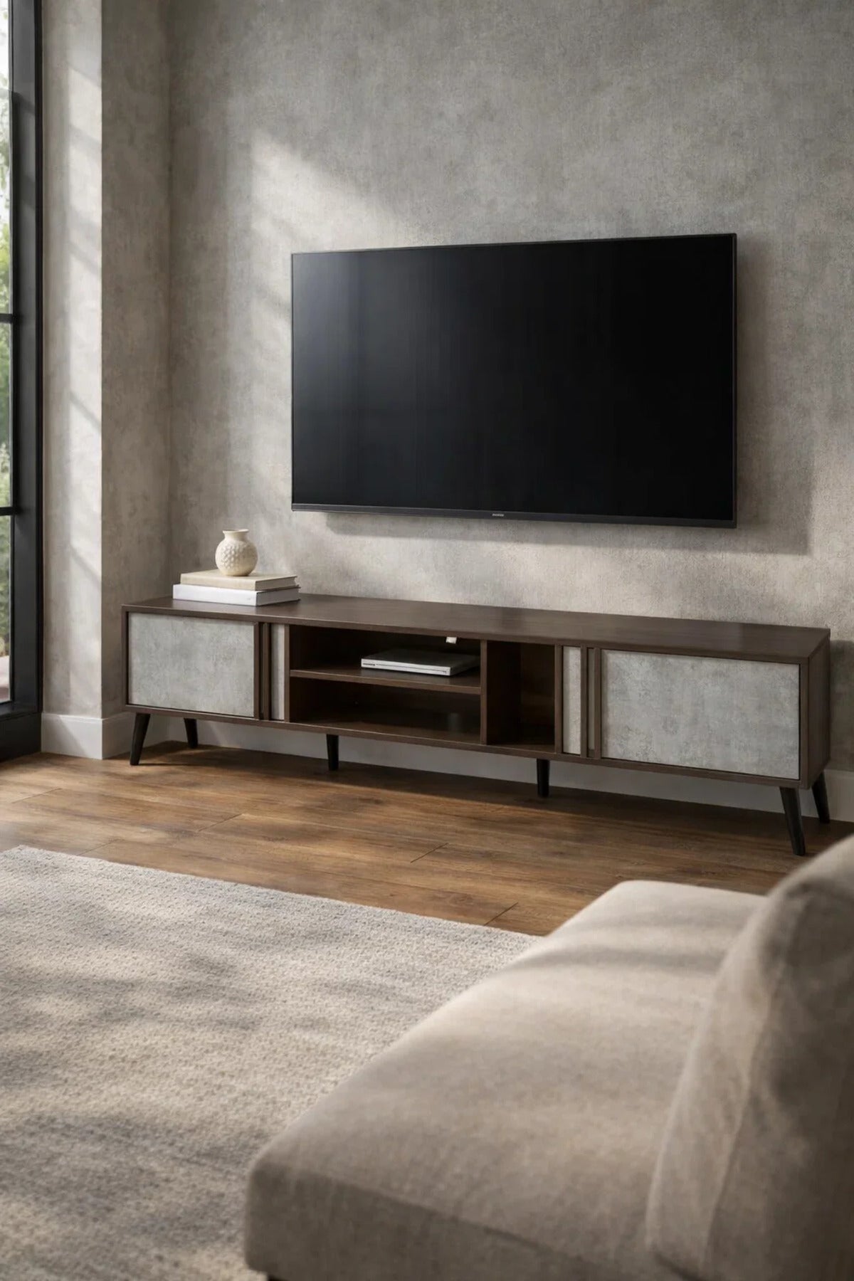 Brown & Grey TV Stand √ê 200x40x45 cm Modern Plasma Table with Cabinets & Shelves