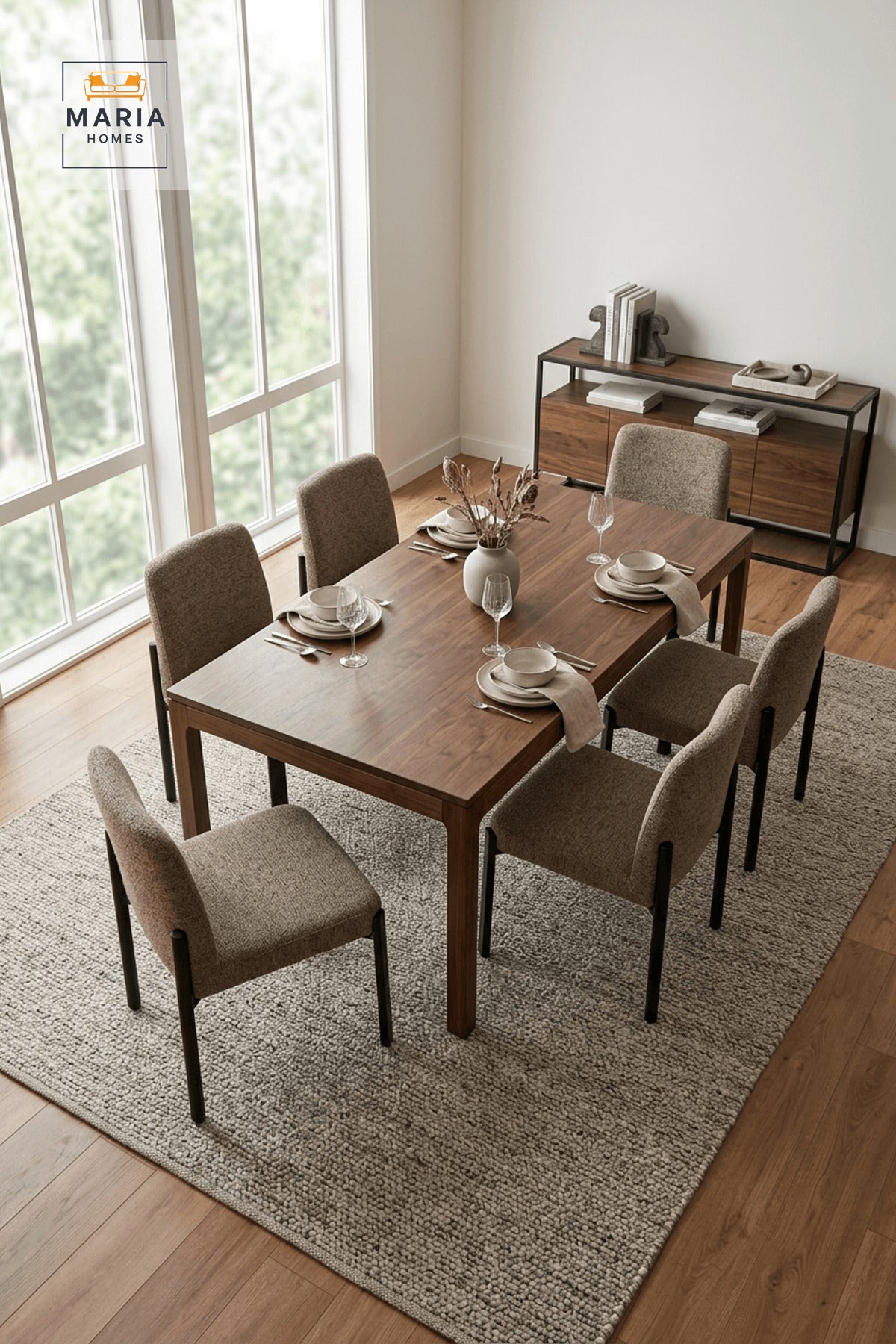 Modern Upholstered Dining Chair with Black Metal Legs in Coffee Brown