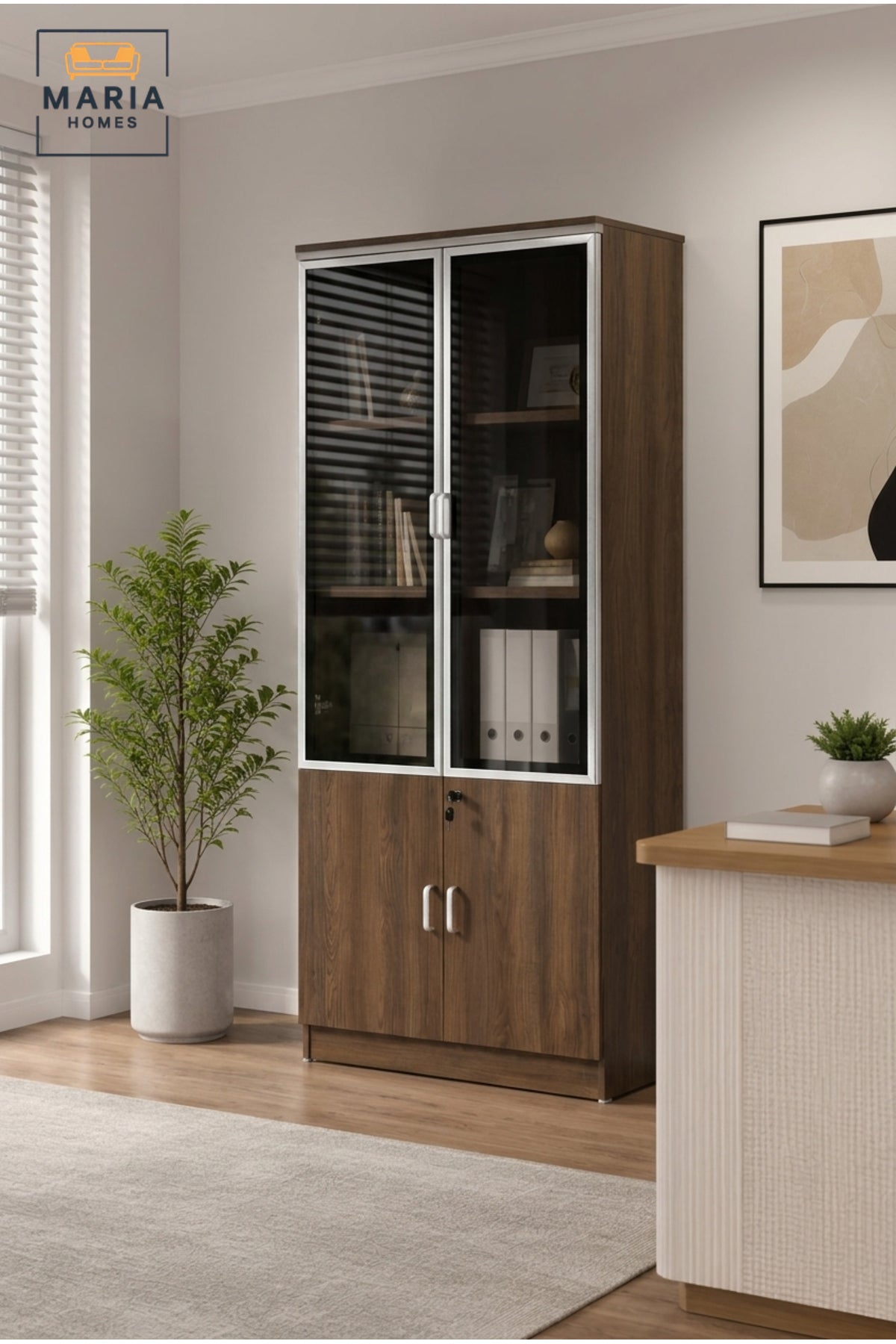 Tall Wooden Display Cabinet with Glass Doors √ê Office Storage Bookcase & Filing Cabinet