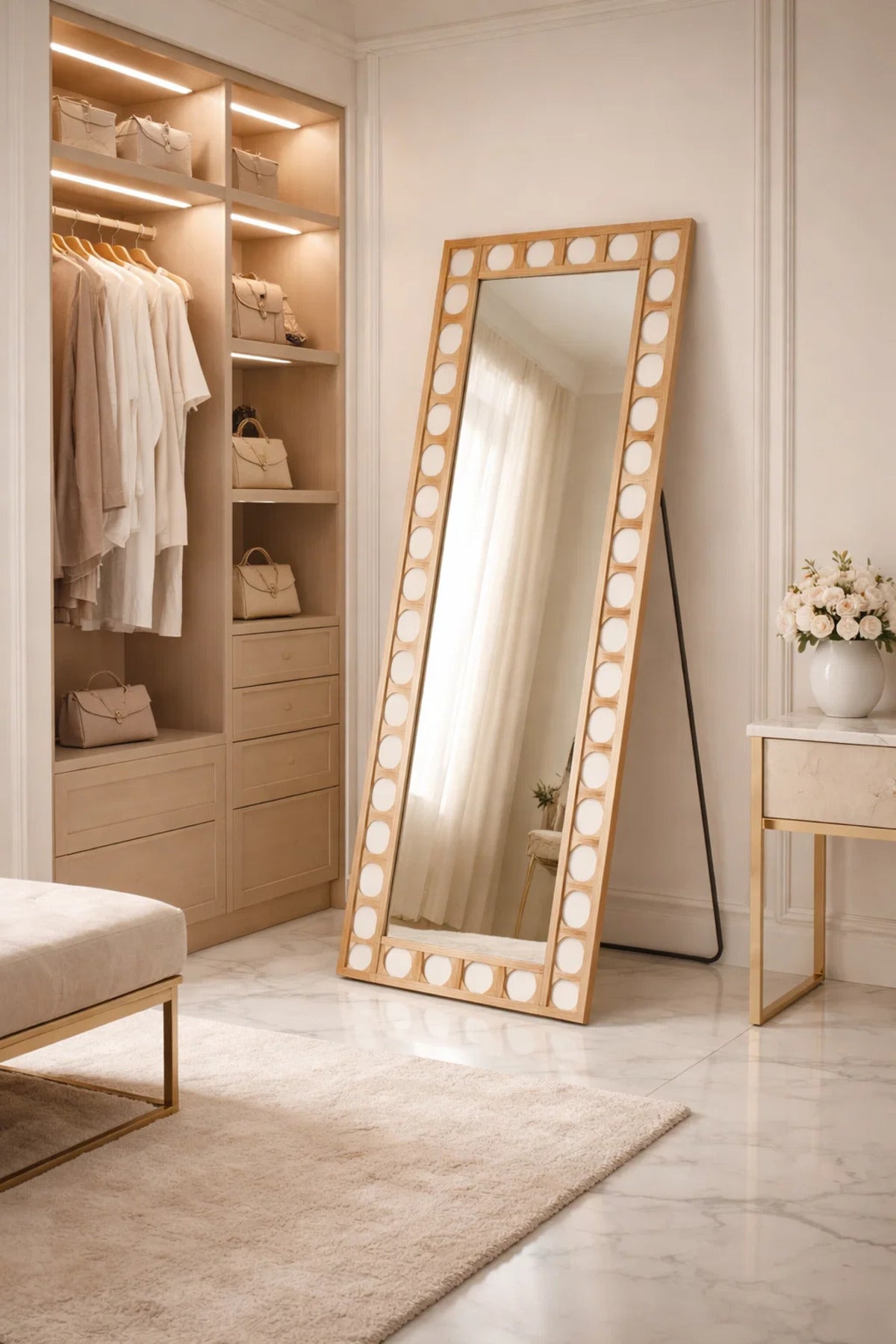 Full Length Floor Mirror with Geometric Cut-Out Frame 162x60cm Red Brown Finish full
