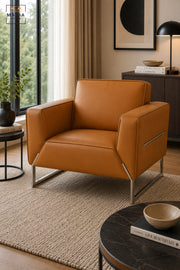 Modern Tan Leather Armchair with Stainless Steel Sled Base, Wide Padded Seat & Armrests, Contemporary Accent Lounge Chair for Living Room Office Reception