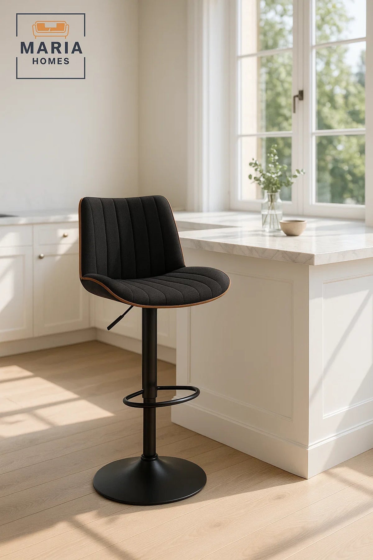Black Adjustable Swivel Bar Stool for Kitchen Island & Home Bar, Cushioned Modern Counter Chair