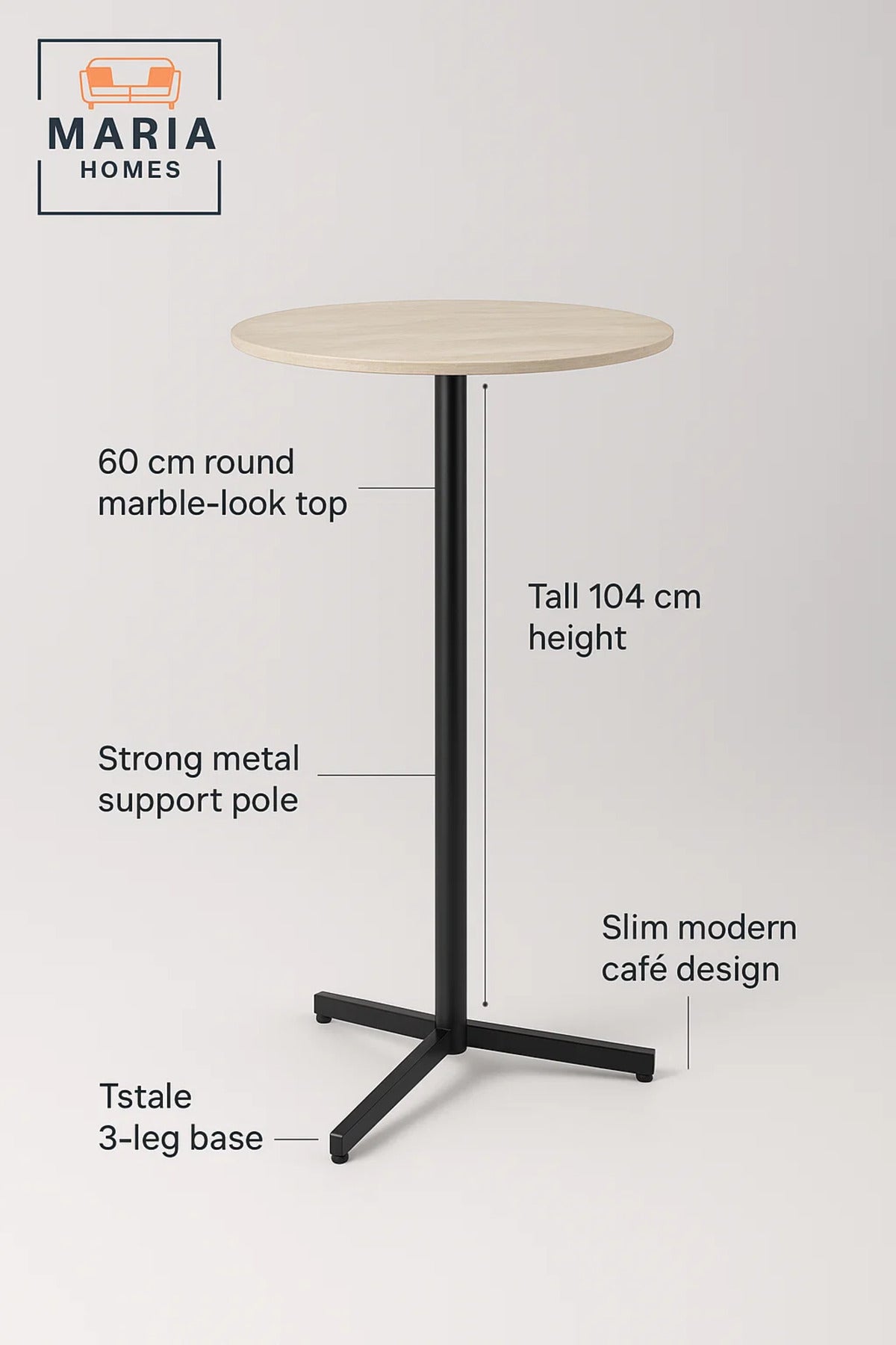 Modern Beige Marble Round High Table 60_104 cm Ð Tall CafŽ Bar Table with Metal Base