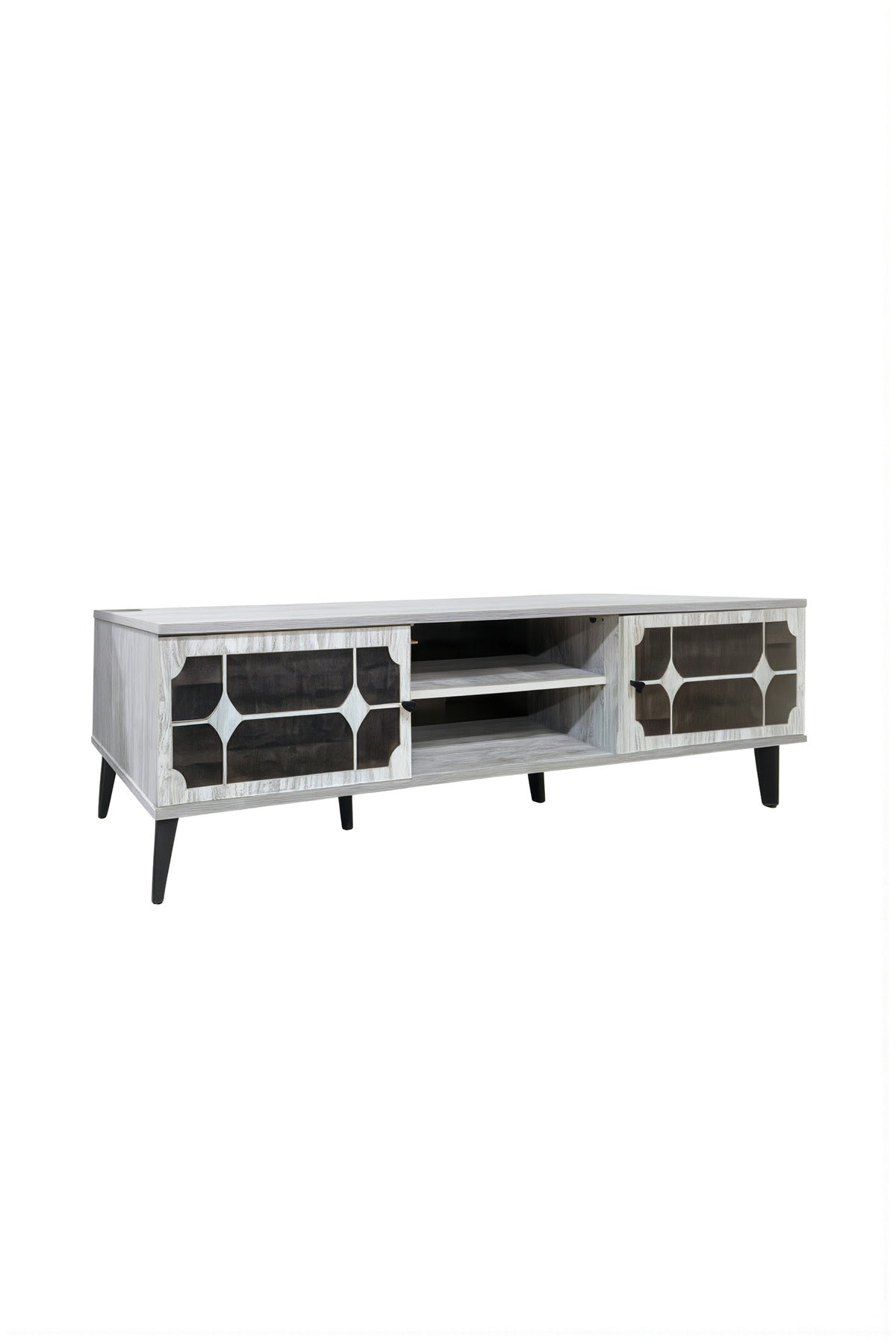 Samal Furniture Modern Beige TV Stand with Geometric Black Doors and Open Shelves 160cm Width
