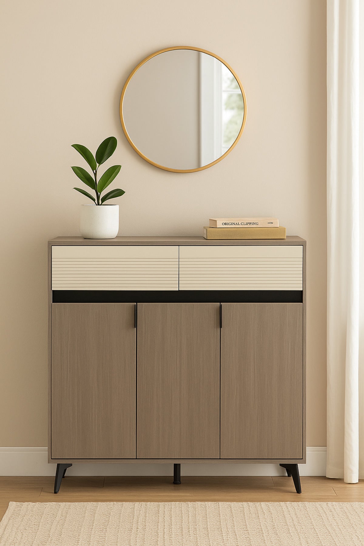 Large Modern Grey & Cream Storage Cabinet Ð 3-Door Sideboard with Drawers 120_33_99 cm