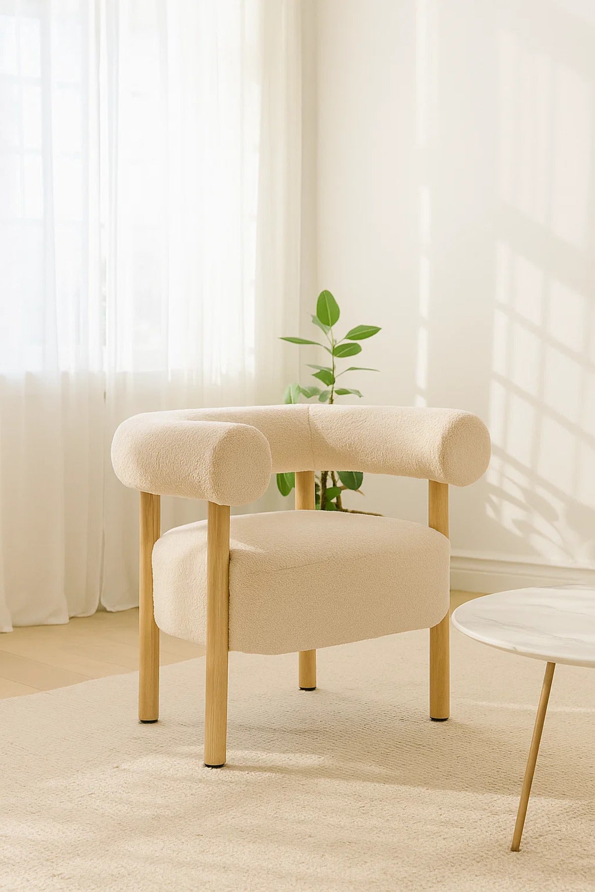 Modern Light Beige Fabric Armchair, Elegant Lounge Chair with Wooden Legs for Living Room & Office