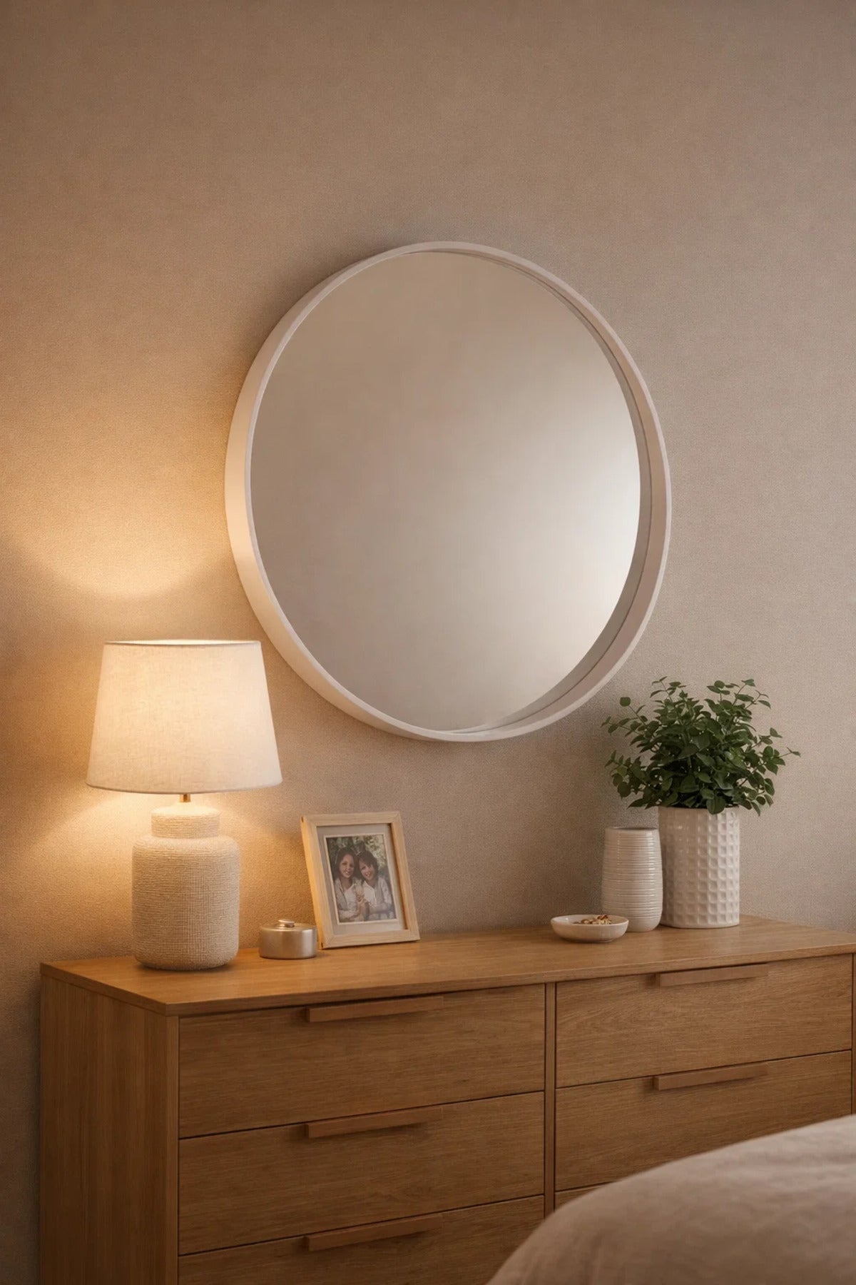 Premium White Round Wall Mirror 80cm Wooden Frame Large Modern Circle Bathroom Vanity Hallway Decor