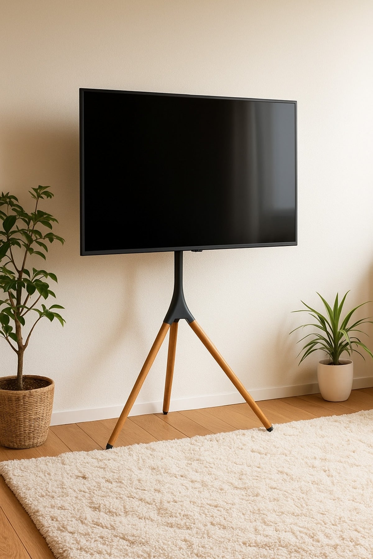 Black & Dark Wood Tripod TV Stand √ê Modern Adjustable Floor Stand for 32_√ê65_ TVs