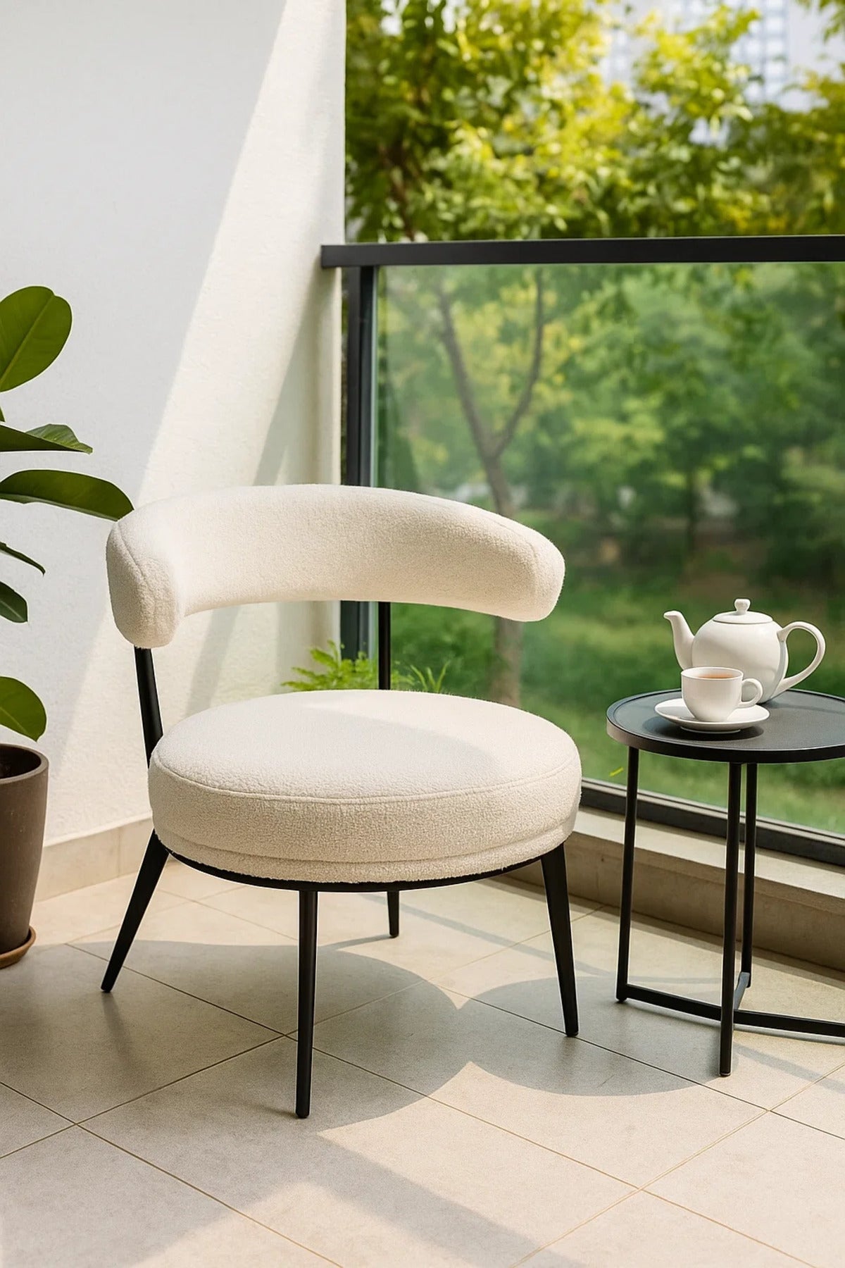 Modern Boucle Fabric Lounge Chair, Curved Backrest Accent Chair for Living Room & Bedroom