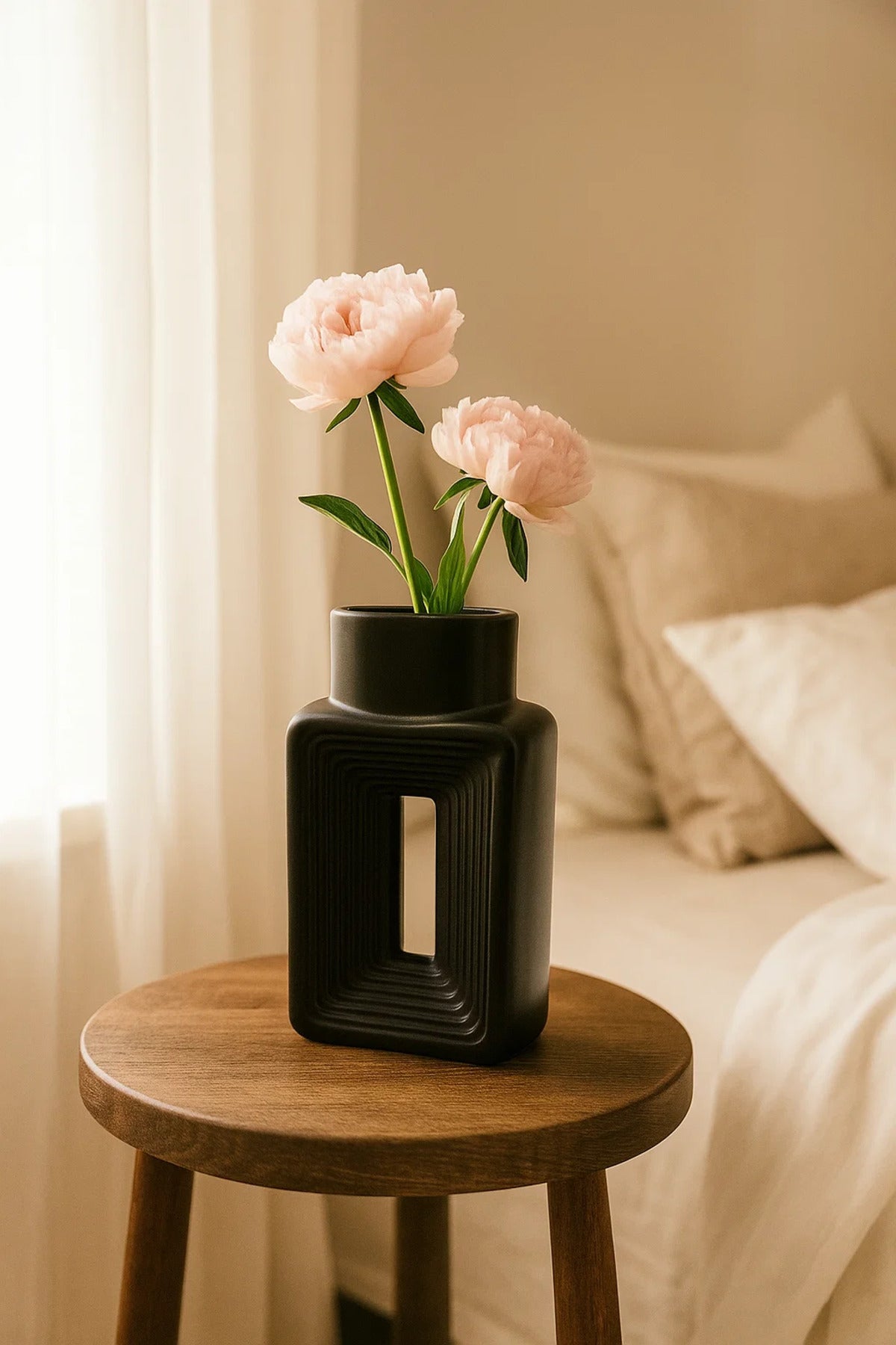 Black Geometric Ceramic Vase Ð Modern Minimalist Sculptural Decorative Flower Pot