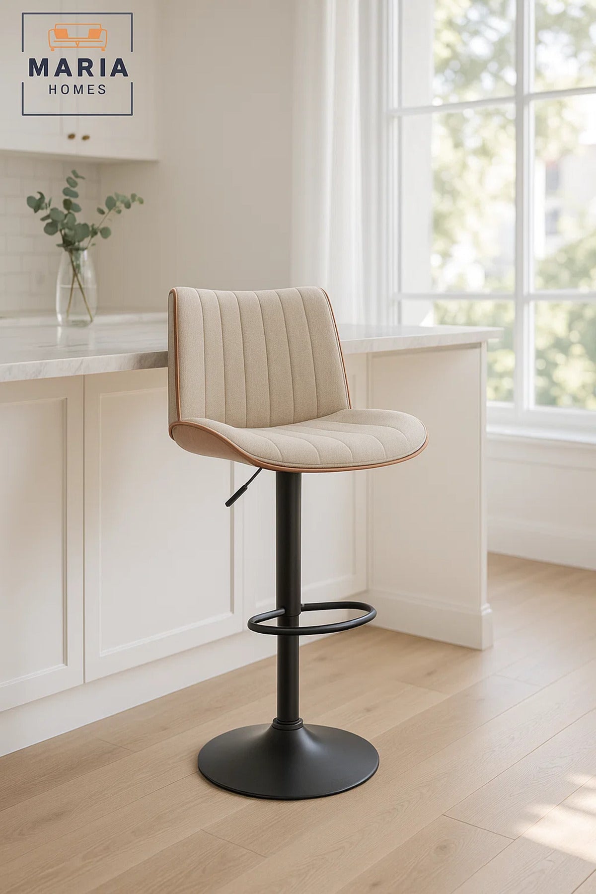 Beige Adjustable Swivel Bar Stool for Kitchen Island & Dining Bar, Soft Cushioned Modern Chair