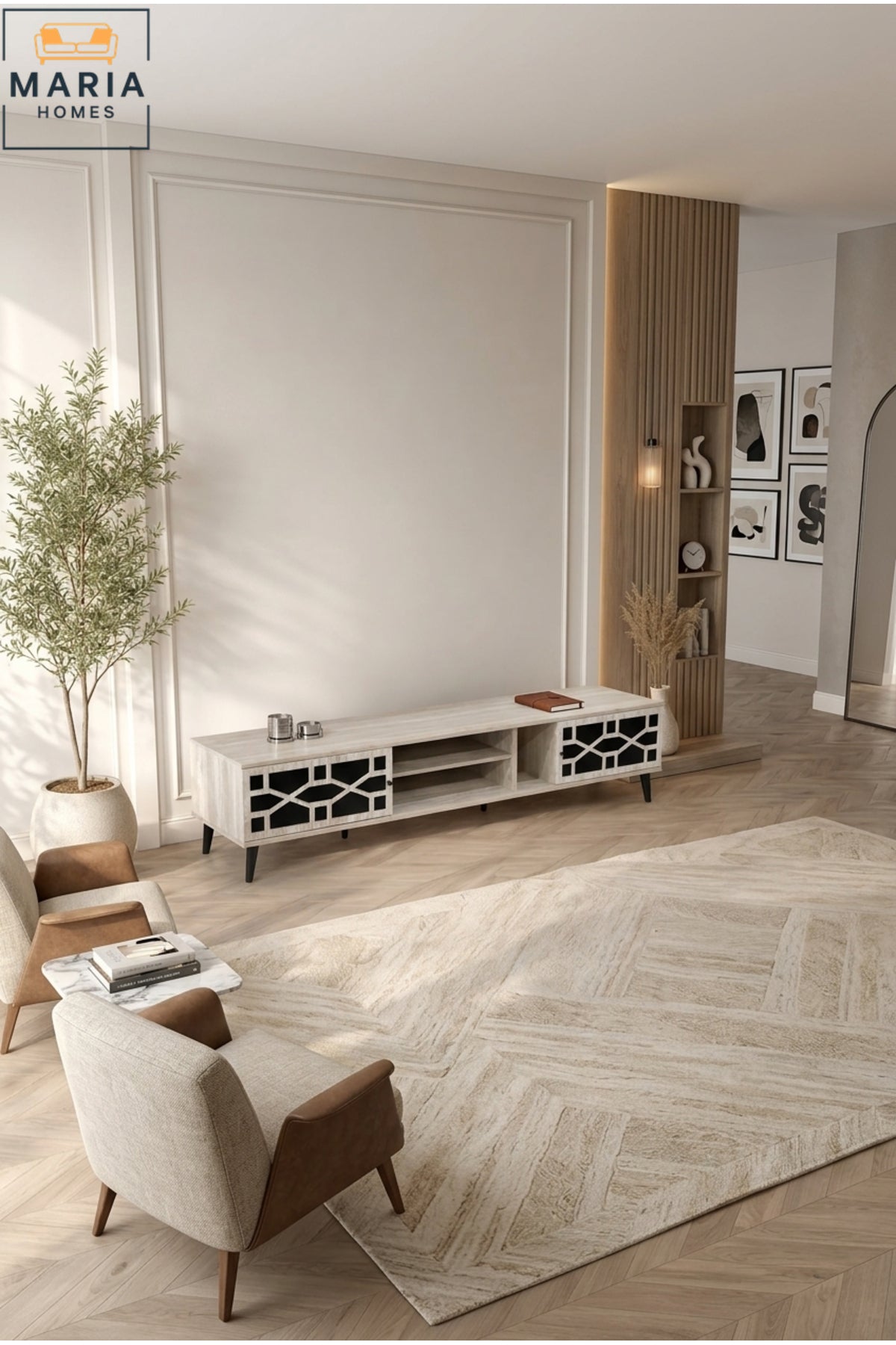 Modern TV Stand with Geometric Doors √ê Entertainment Unit with Open Storage Shelves