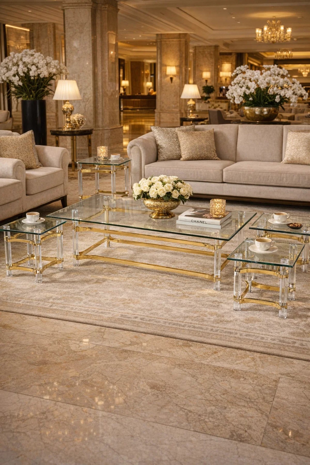 Luxury 5 Piece Acrylic Glass Table Set Gold Metal Frame Modern Living Room Furniture Set
