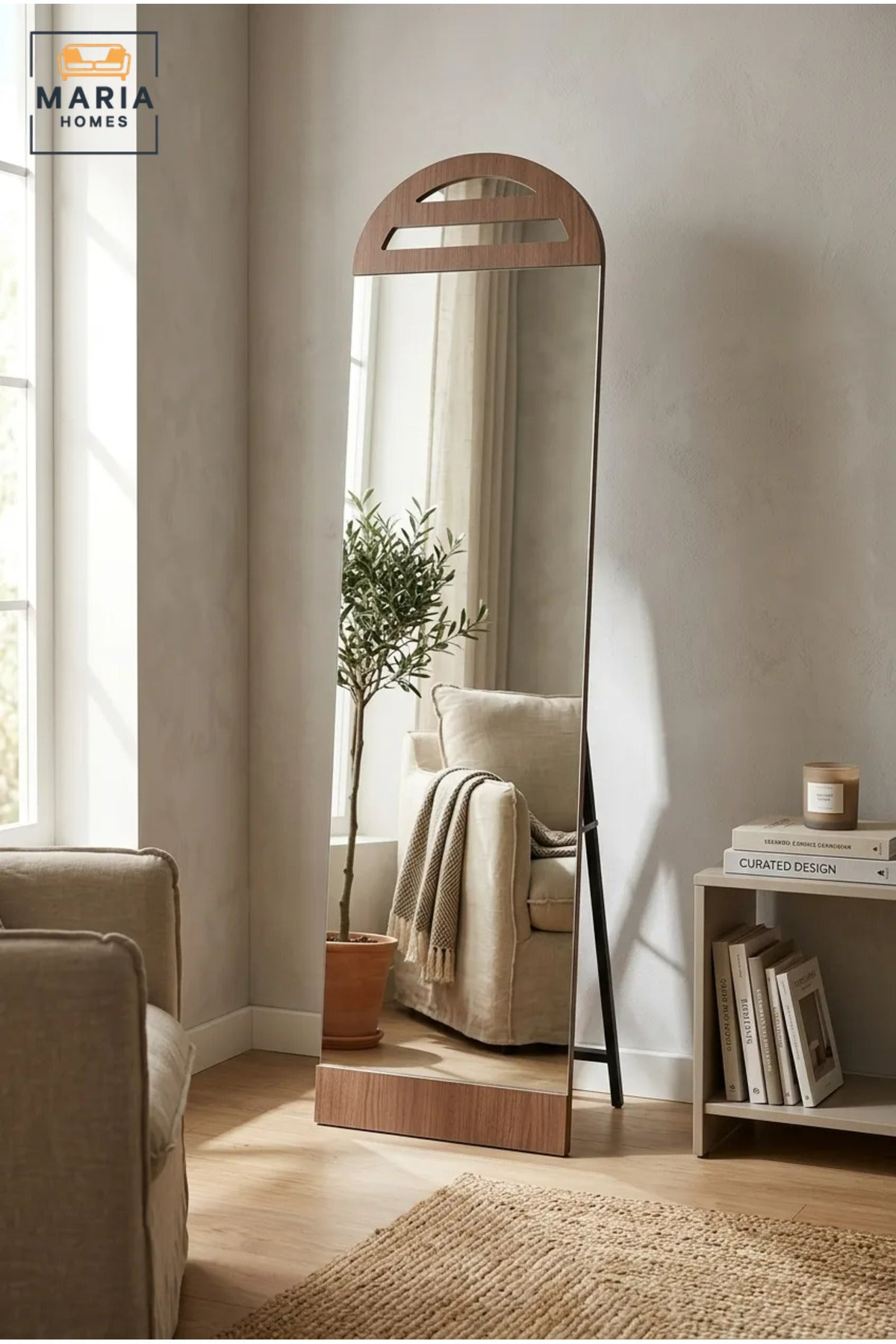 Modern Full Length Floor Mirror with Arched Wooden Frame and Freestanding Support, Dressing Mirror for Bedroom, Entryway, Wardrobe, Salon and Boutique