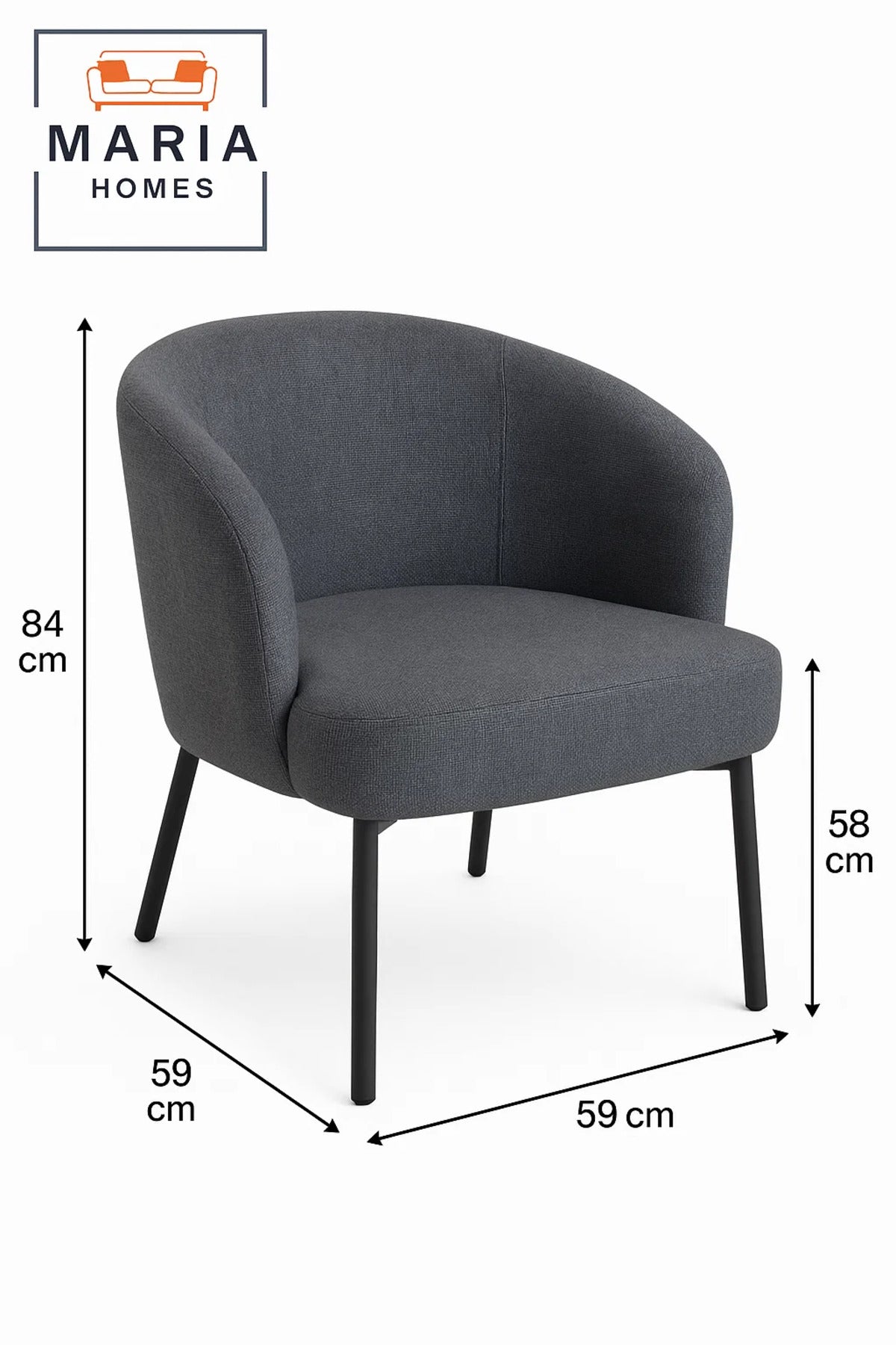 Dark Grey Fabric Lounge Chair Ð Curved Back Armchair with Cushioned Seat and Black Metal Legs