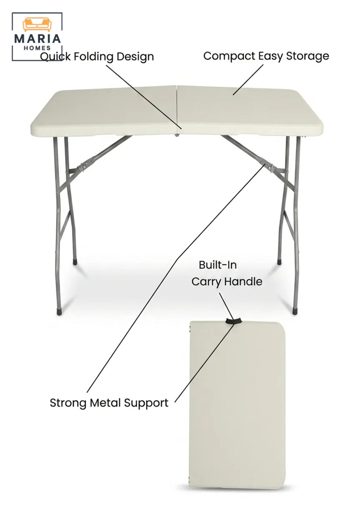 Portable Folding Table with Carry Handle and Metal Legs, Compact Multipurpose Table for Camping, Picnic, Garden, Balcony, Events and Indoor Use