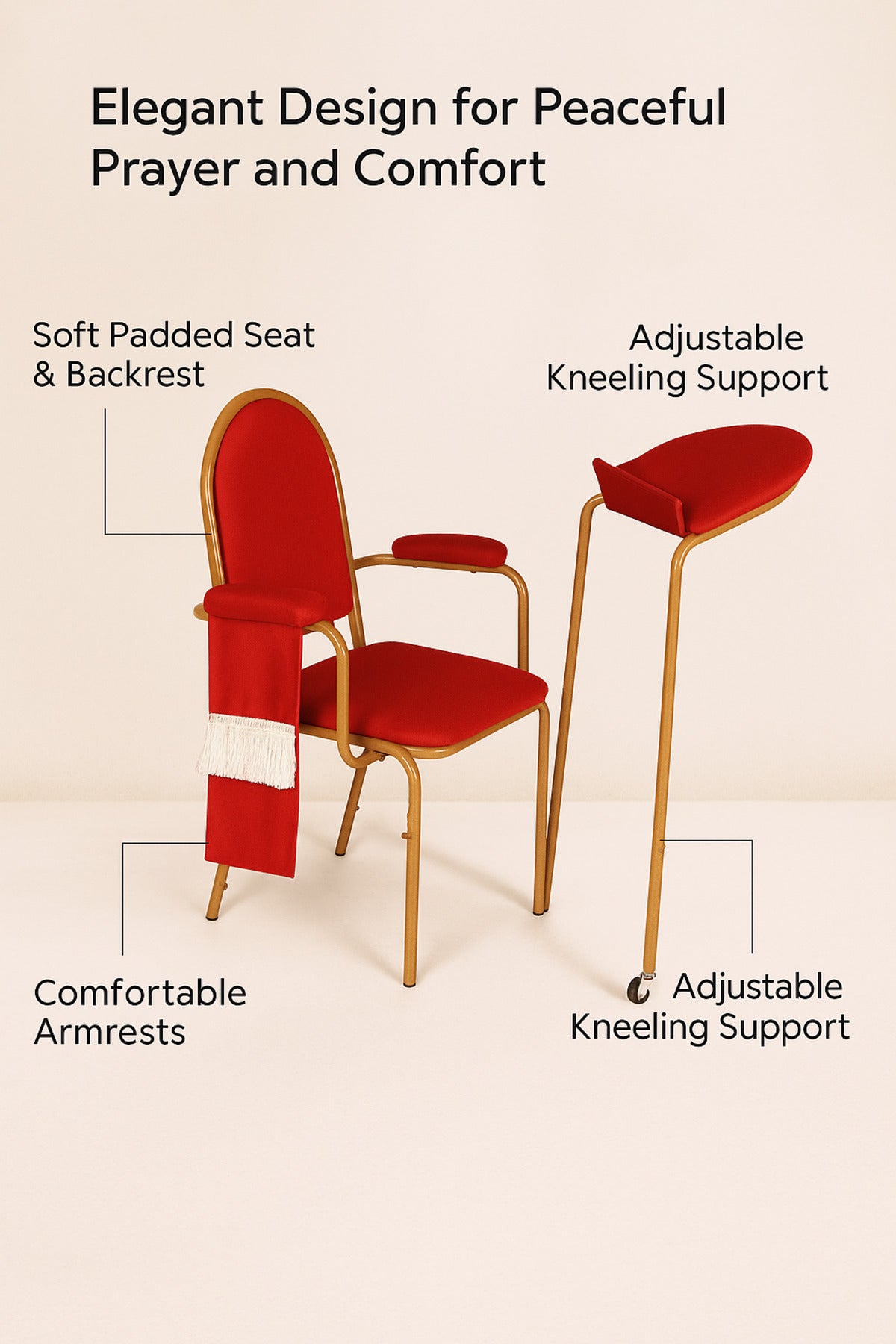 Red Prayer Chair with Back Support Ð Comfortable Metal Frame Chair with Foldable Kneeling Stand