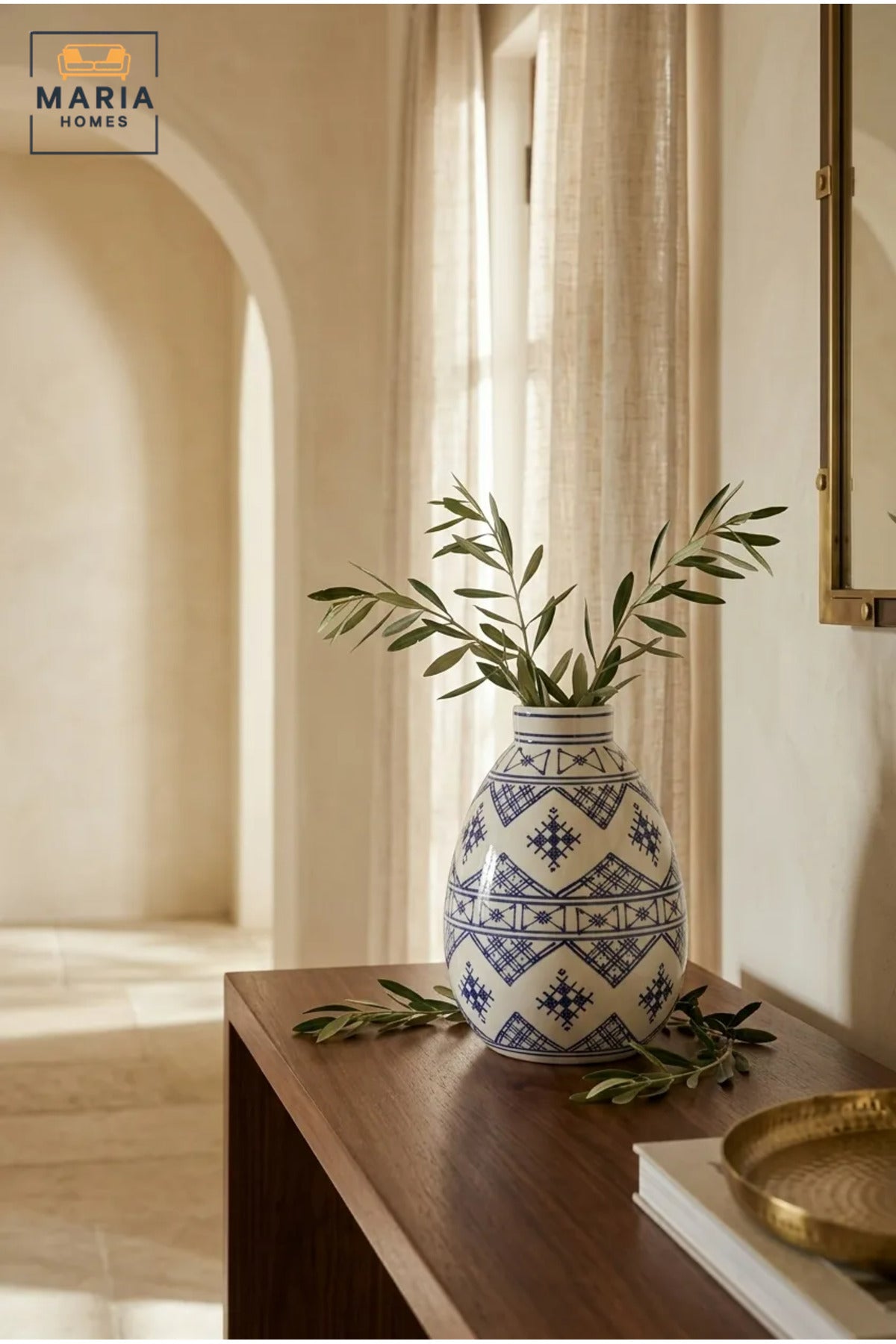 Blue and White Patterned Decorative Vase, Modern Ceramic Teardrop Flower Holder with Narrow Neck for Living Room, Bedroom, Office, Shelf and Table Décor