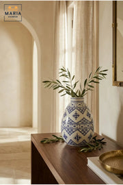 Blue and White Patterned Decorative Vase, Modern Ceramic Teardrop Flower Holder with Narrow Neck for Living Room, Bedroom, Office, Shelf and Table Décor
