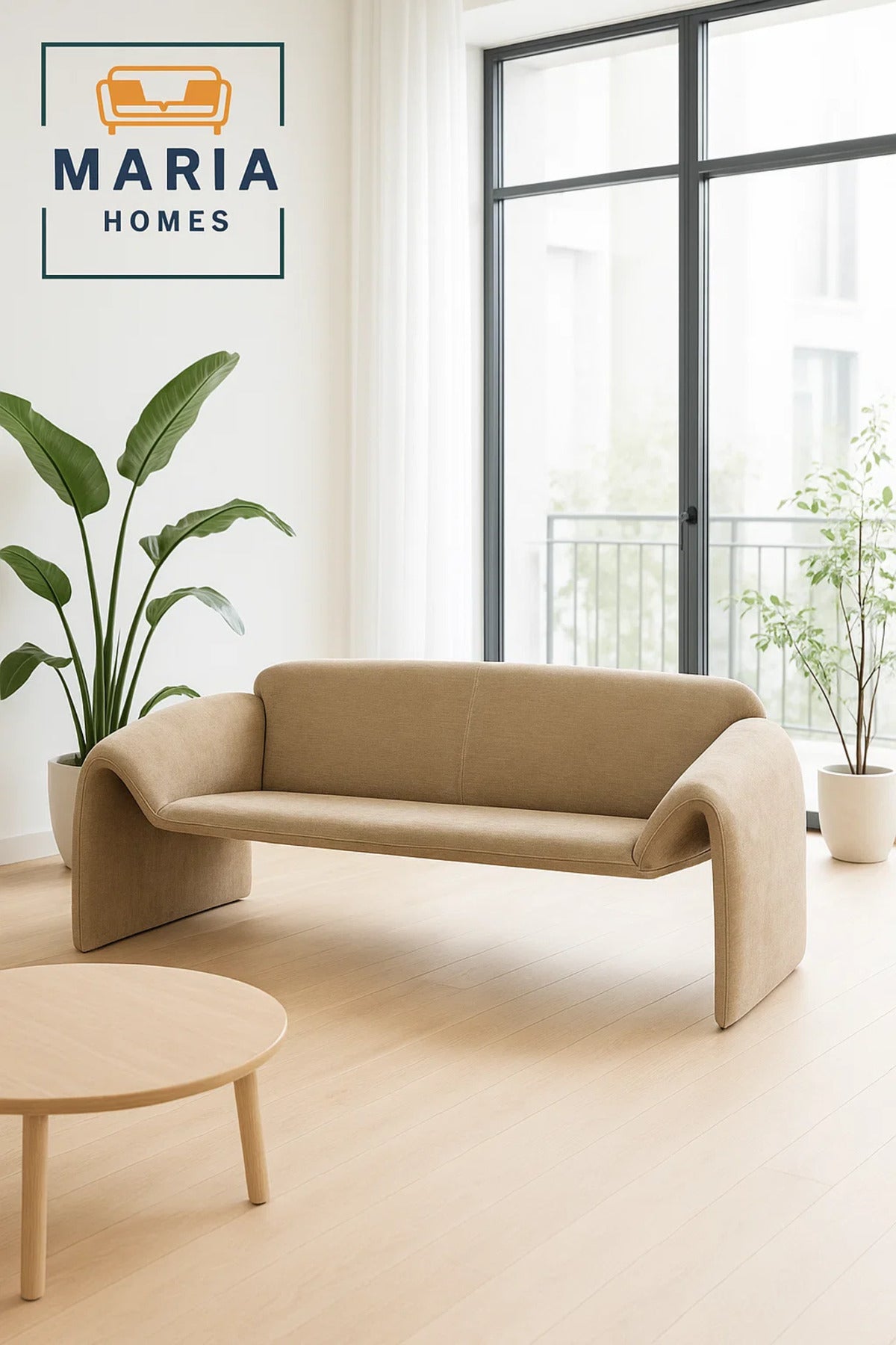 Modern Beige Sofa √ê Curved Fabric 3-Seater for Living Room & Lounge Spaces