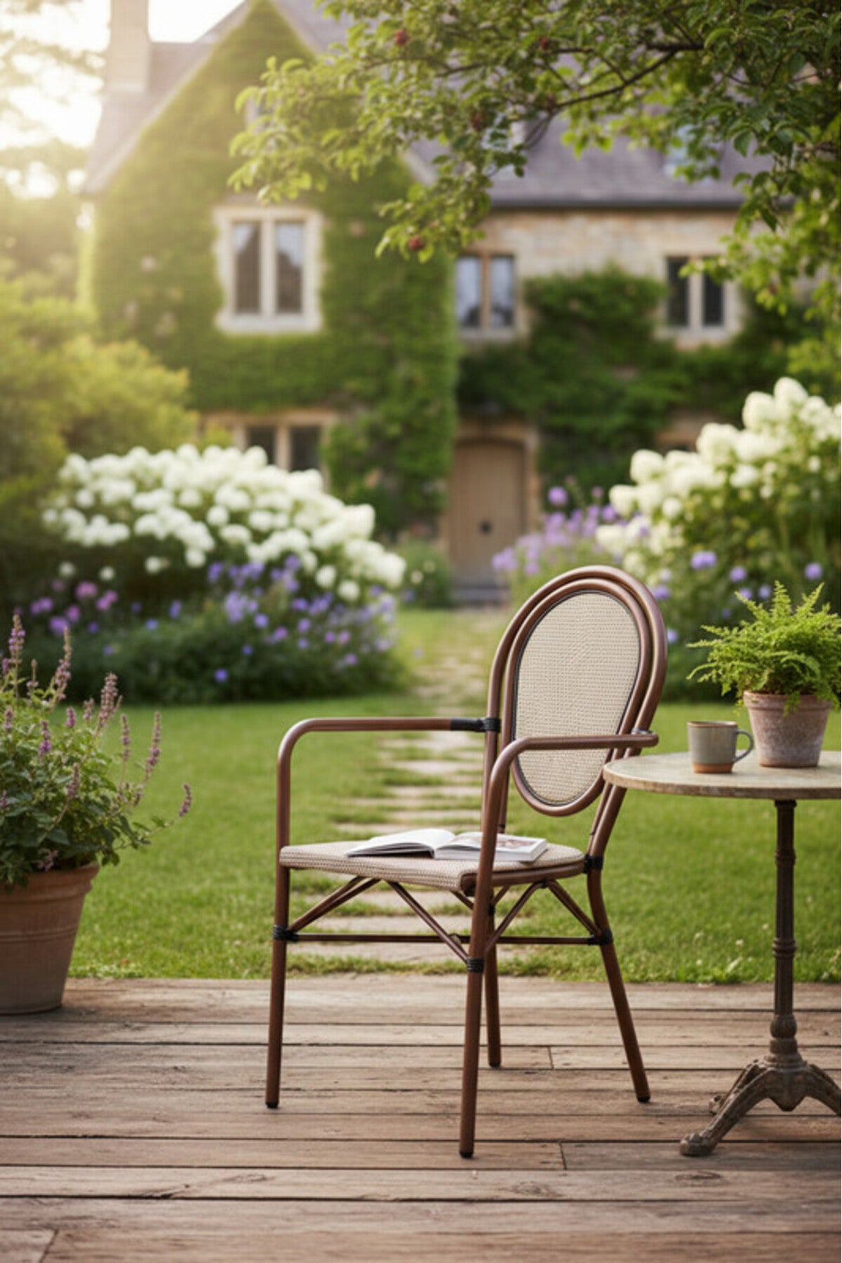 Modern BEIGE&COFFEE Outdoor Rattan Armchair with Woven Seat & Metal Frame