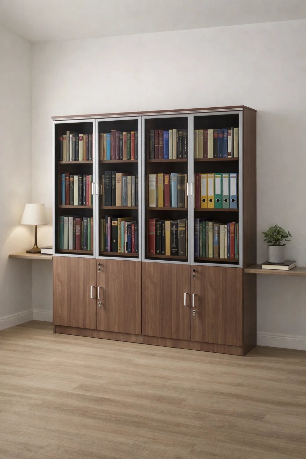 Modern Light Brown Office File Cabinet with Glass Display Doors and Secure Storage 160cm Wide