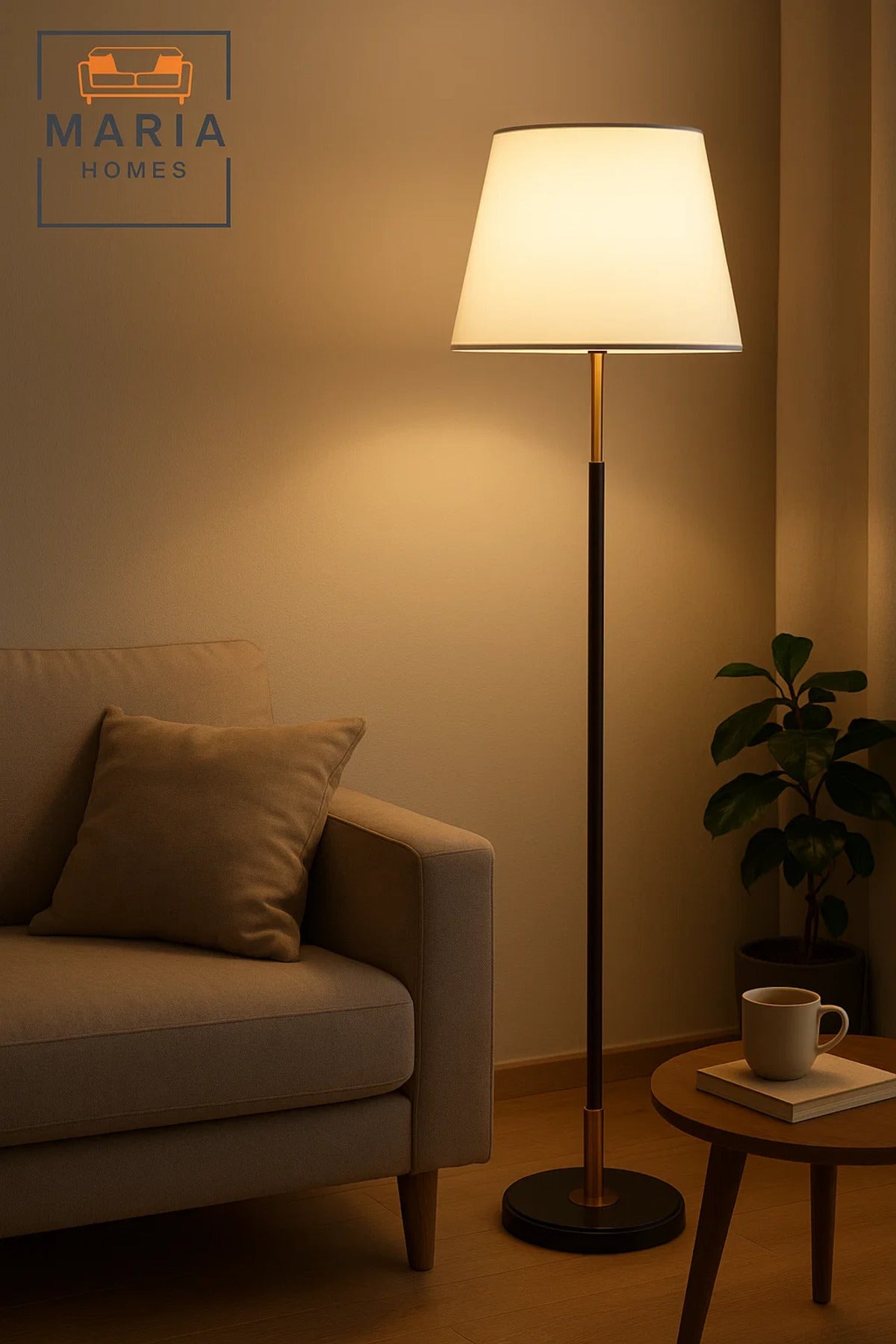 Black and Gold Floor Lamp with White Shade
