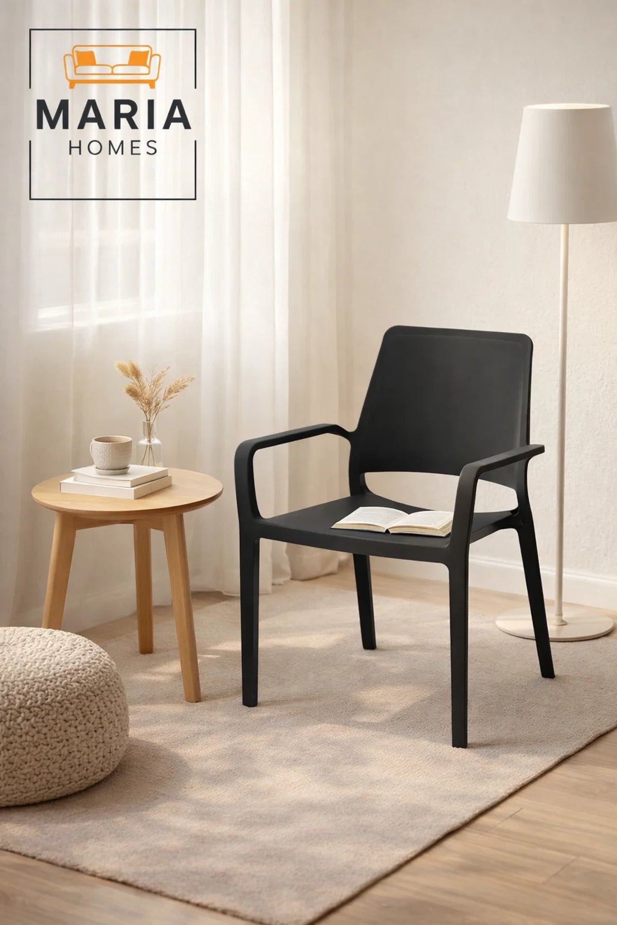 Black Armchair, Comfortable Plastic Chair, Durable Sturdy Chair