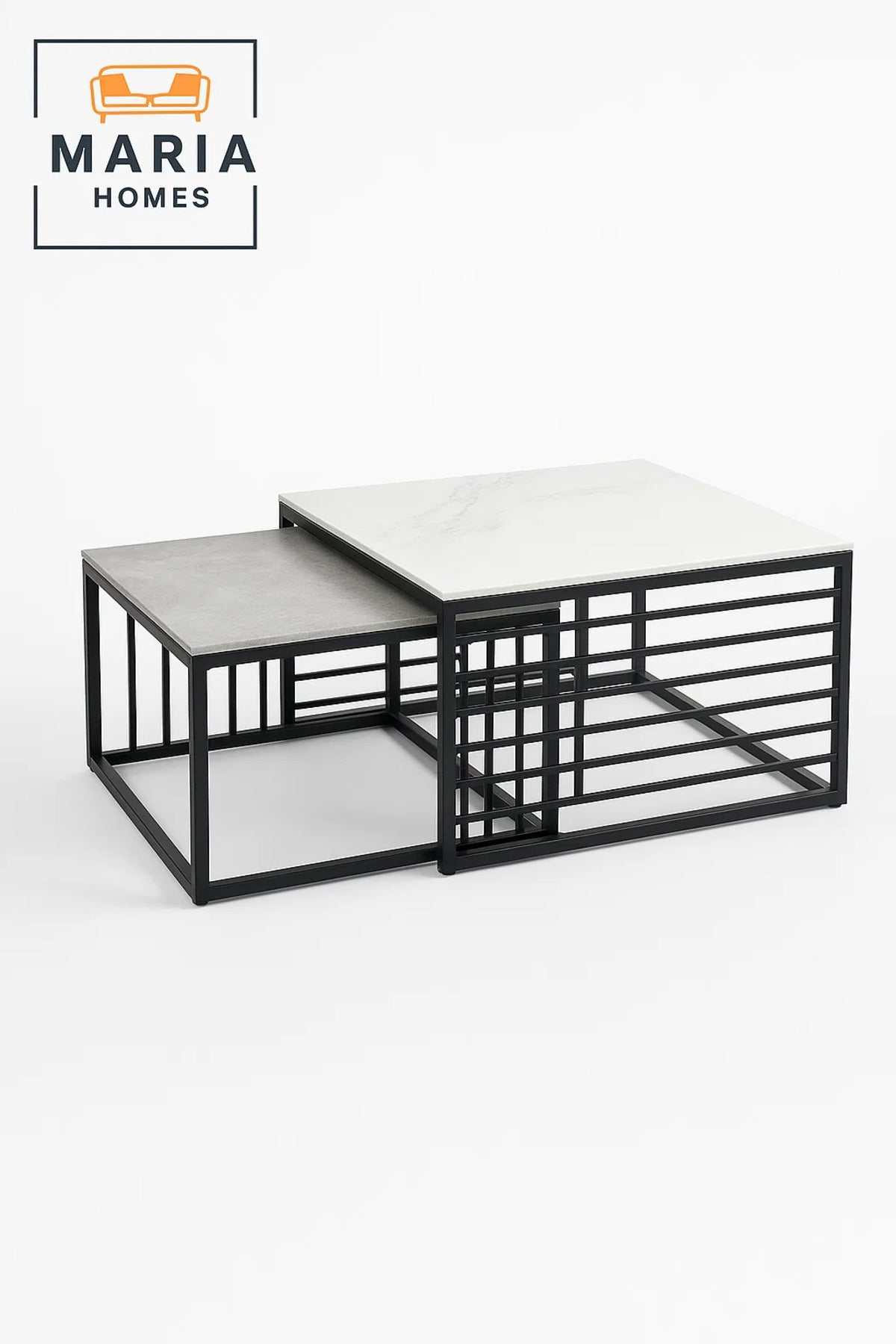 Modern Nesting Coffee Table Set Ð Marble Top with Black Metal Cage Frame