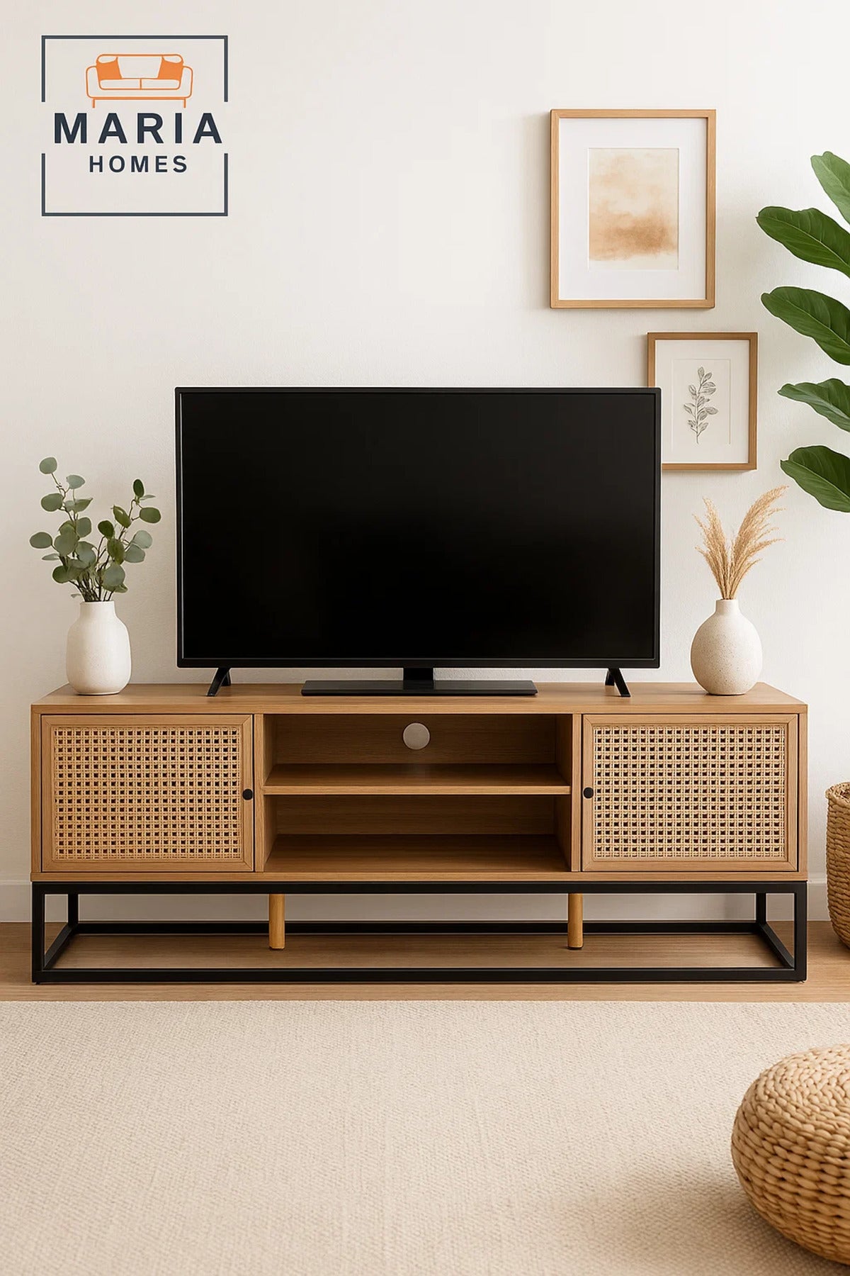 Natural Wood TV Console with Rattan Doors and Black Metal Base Ð 140x39x48 cm