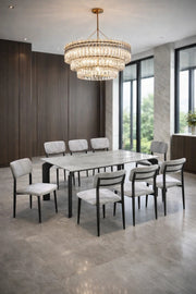 Modern 9-Piece Dining Table Set with 8 Upholstered Chairs Marble Pattern Top Black Metal Legs Grey
