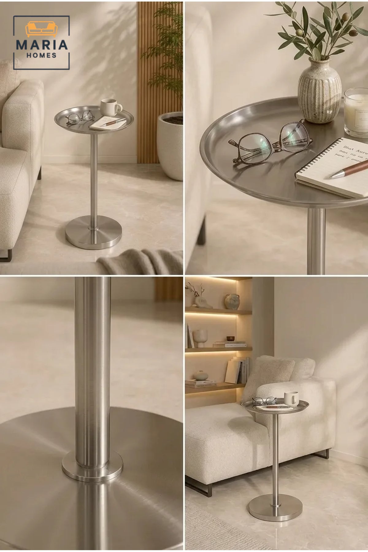 Modern Brushed Metal Side Table with Round Tray Top and Pedestal Base