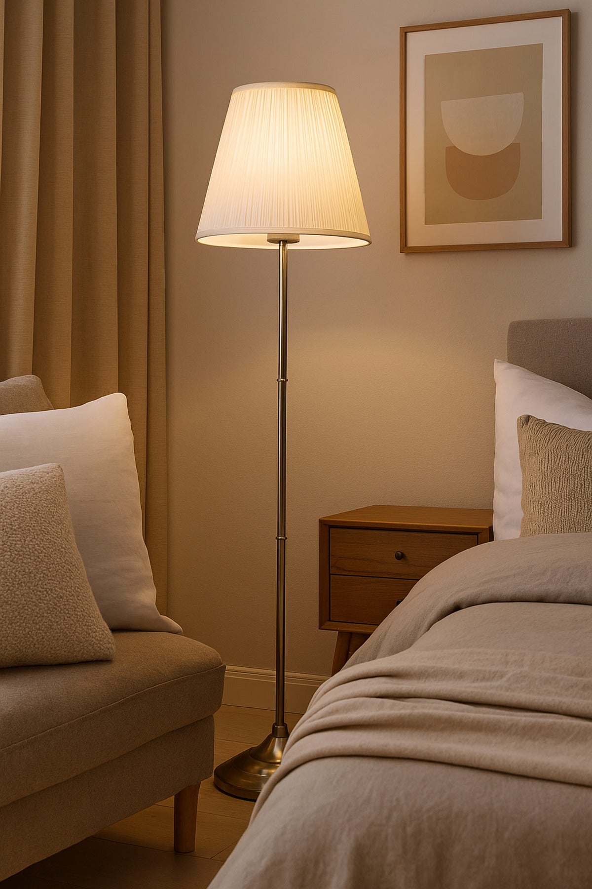 Modern Silver Floor Lamp Ð Fixed Metal Stand with White Fabric Shade for Living Room & Bedroom