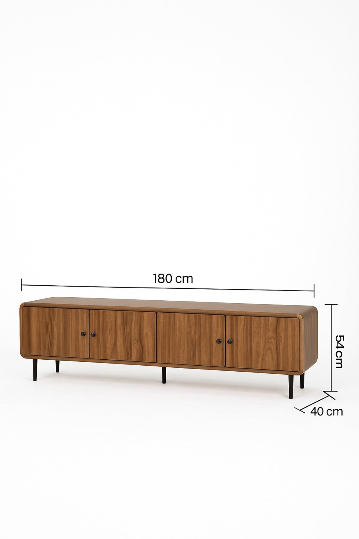 Walnut Wooden TV Stand 180_40_54 cm Ð Modern 4-Door TV Unit with Black Metal Legs for Living Room