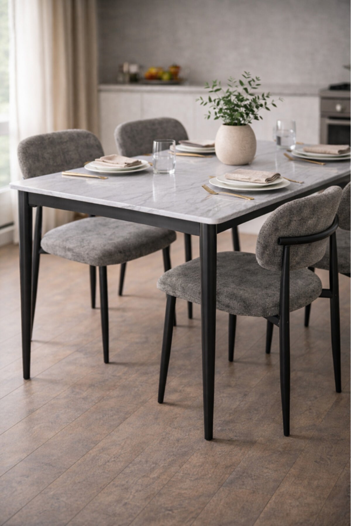 Modern Marble Top Dining Table Set with 4 Upholstered Chairs 130x80x75cm modern marble