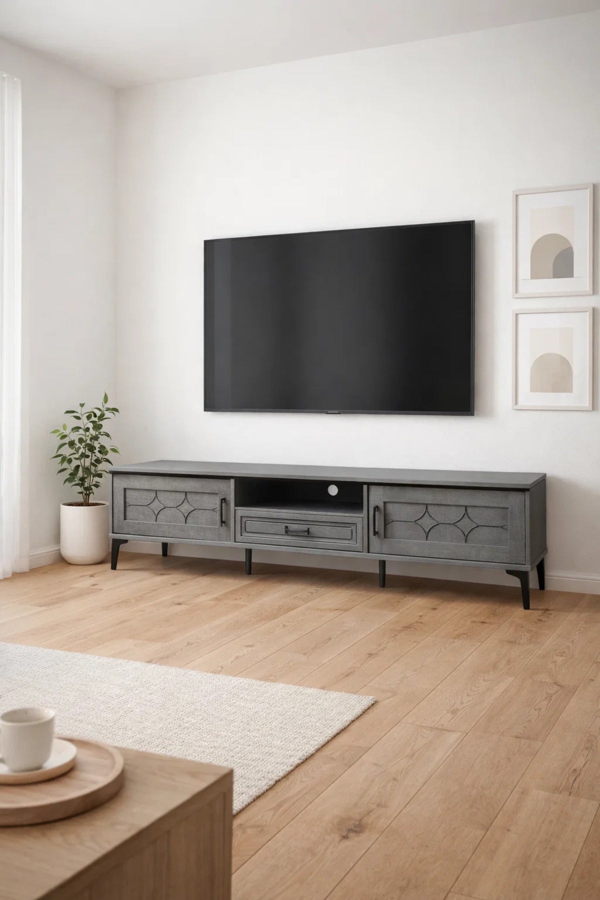 Grey TV Stand √ê 180x40x46 cm Modern Plasma Table with Cabinets & Drawer