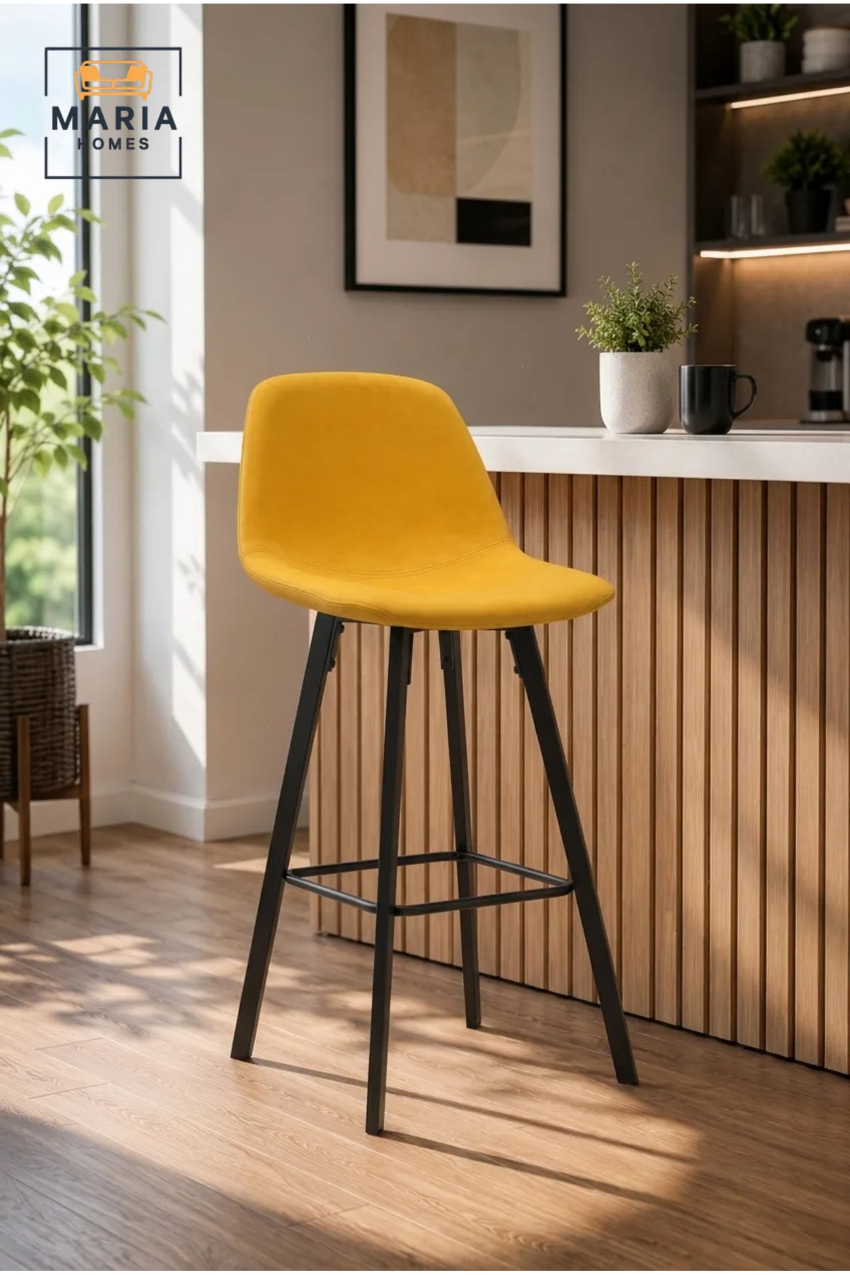 Modern Counter Height Bar Stool with Upholstered Seat and Black Metal Frame