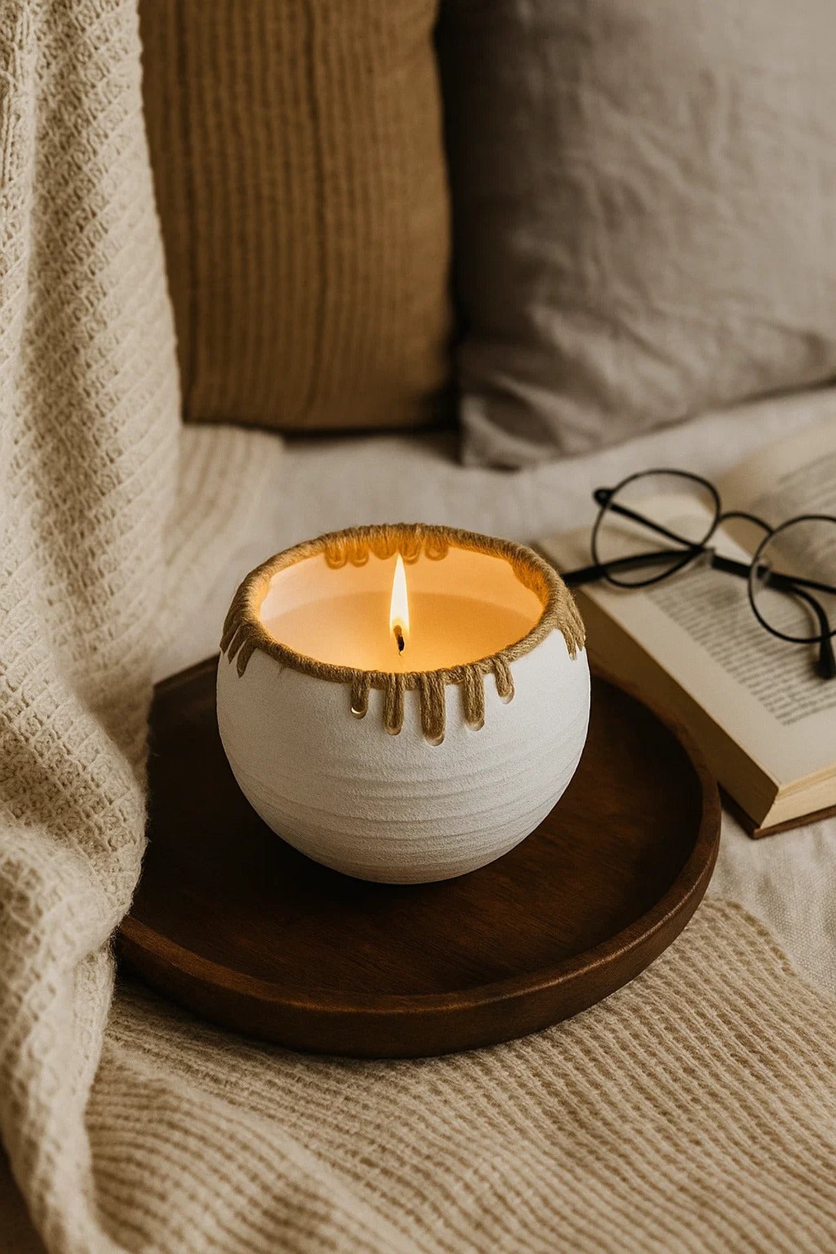 White Ceramic Rope Accent Bowl Planter – Modern Decorative Pot