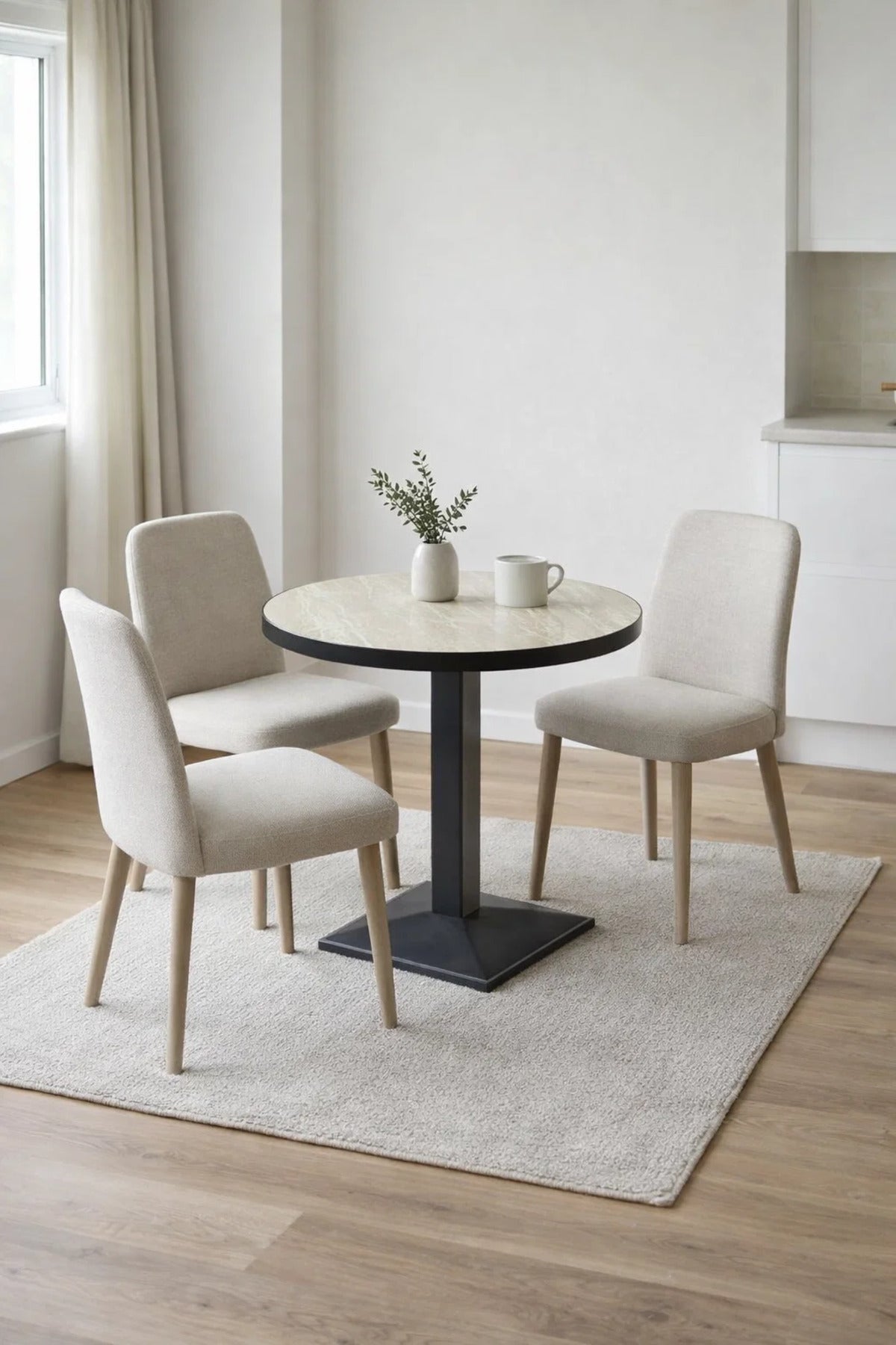 Modern Beige Melamine Round Dining Table Black Metal Pedestal Base 70cm for Cafe and Kitchen