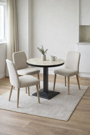 Modern Beige Melamine Round Dining Table Black Metal Pedestal Base 70cm for Cafe and Kitchen
