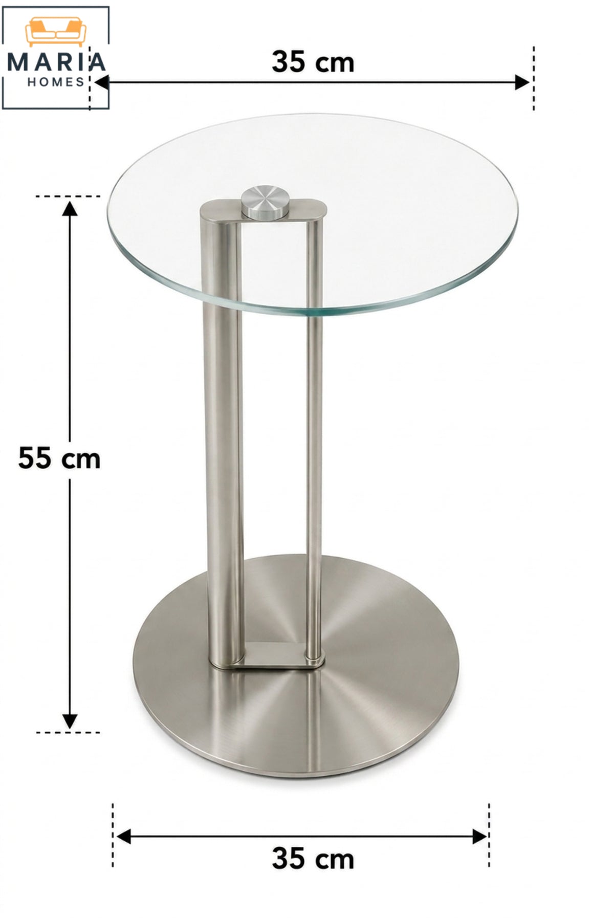 Modern Round Glass Side Table with Brushed Stainless Steel Base and Contemporary Accent Design