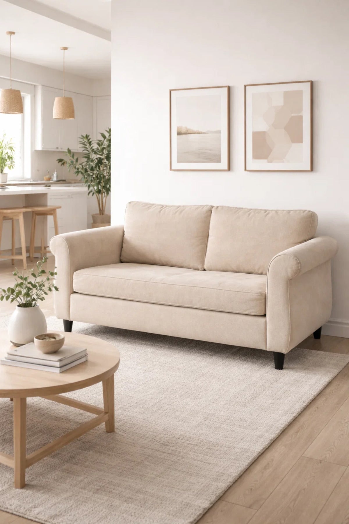 Beige Two Seater Sofa with Cushioned Seat and Classic Design