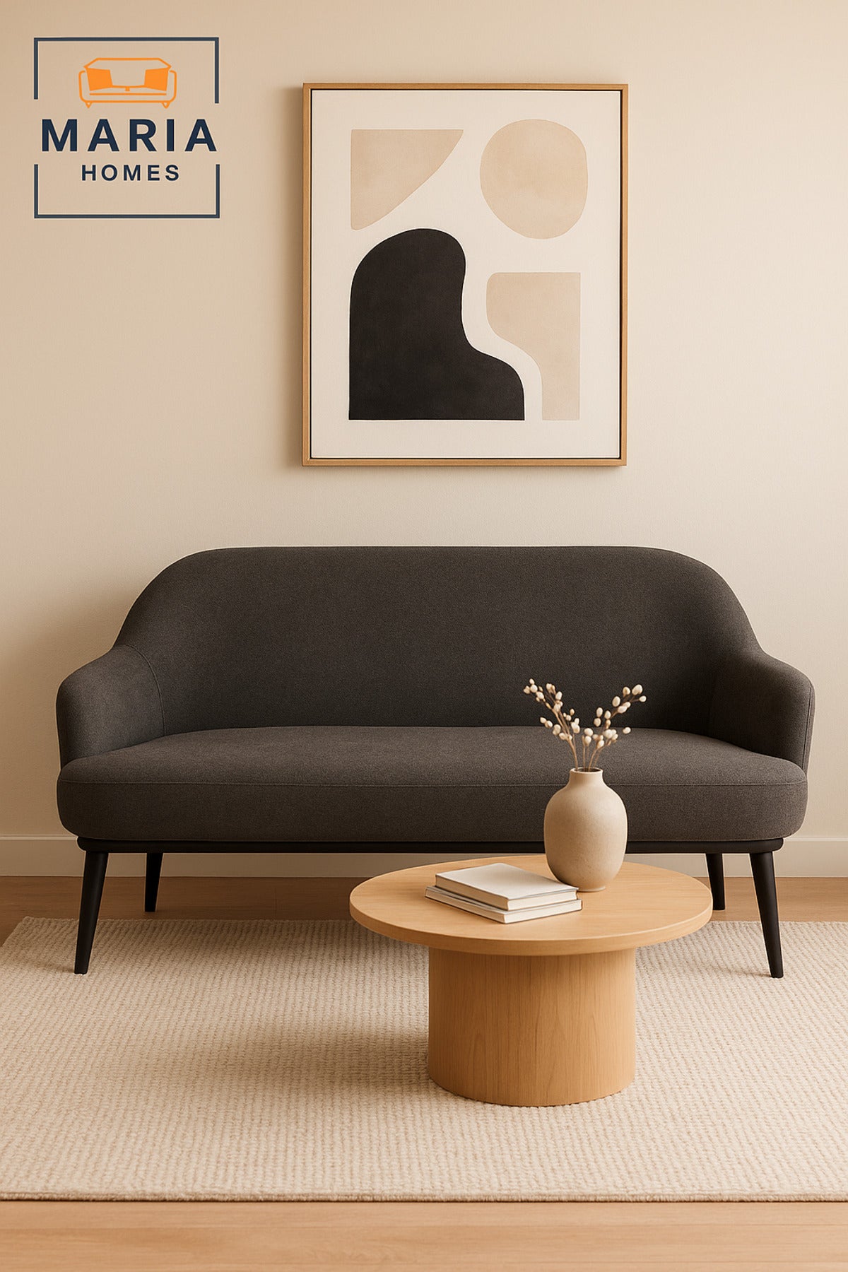 Dark Gray Two-Seater Sofa Ð Modern Fabric Couch with Black Legs for Living Room