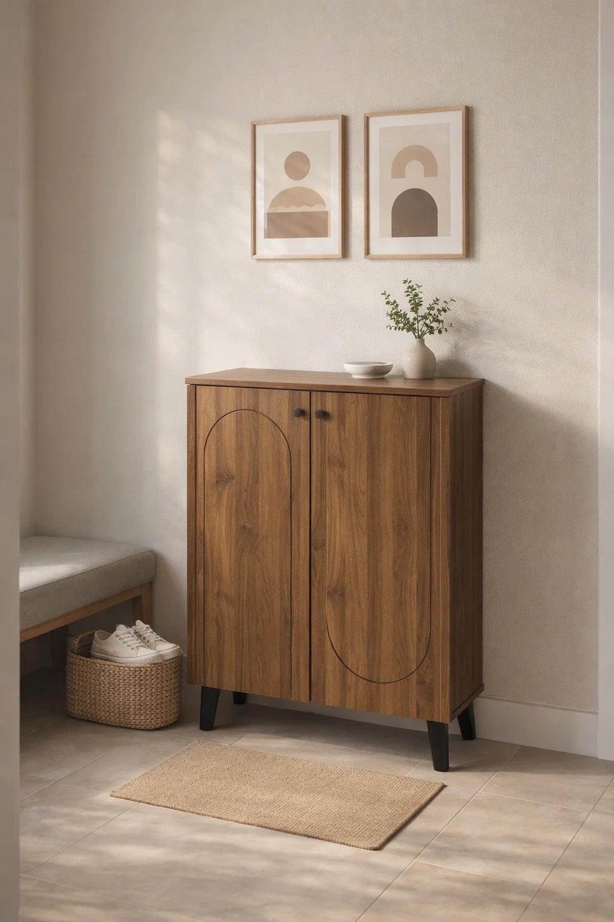 Modern Wooden Shoe Cabinet Dark Brown with Curved Line Design 80 x 32 x 94 cm