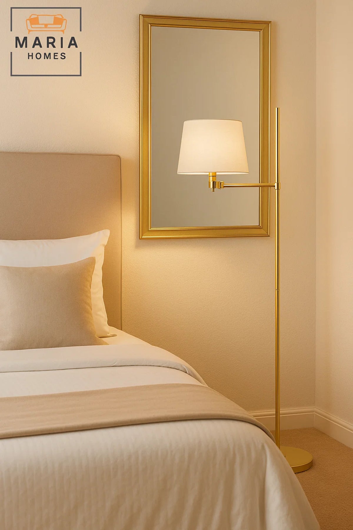 Gold Floor Lamp with White Shade and Glossy Base
