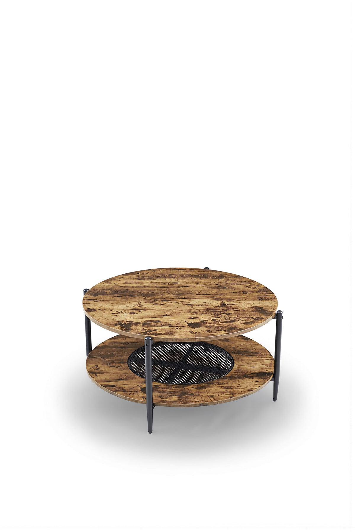 Round Brown Coffee Table √ê Modern Wooden Side Table with Storage Shelf 90_90_45 cm