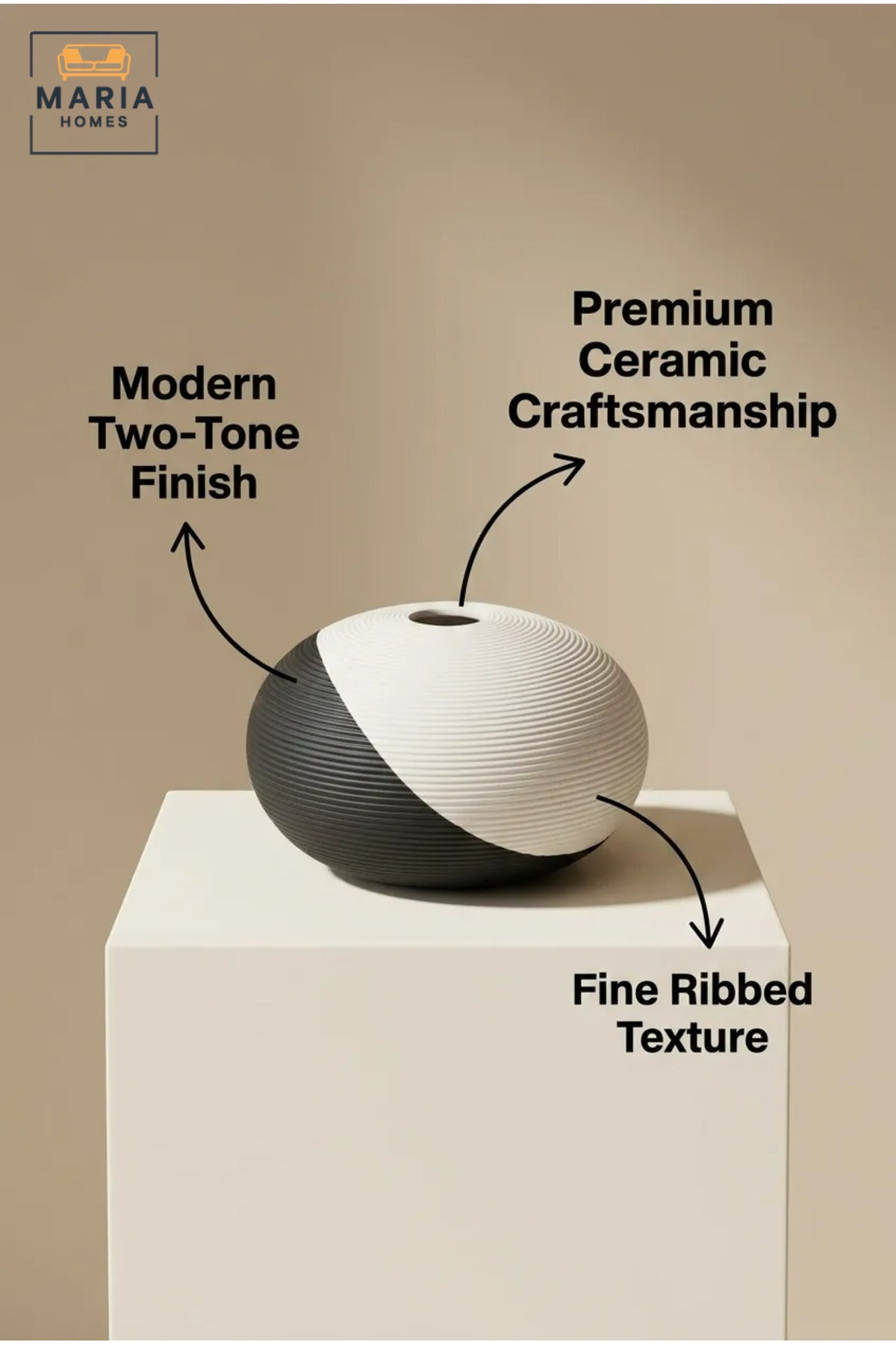Modern Decorative Flower Vase with Two-Tone Abstract Design, Low Round Shape and Ribbed Texture for Living Room, Office, Shelf and Console Décor