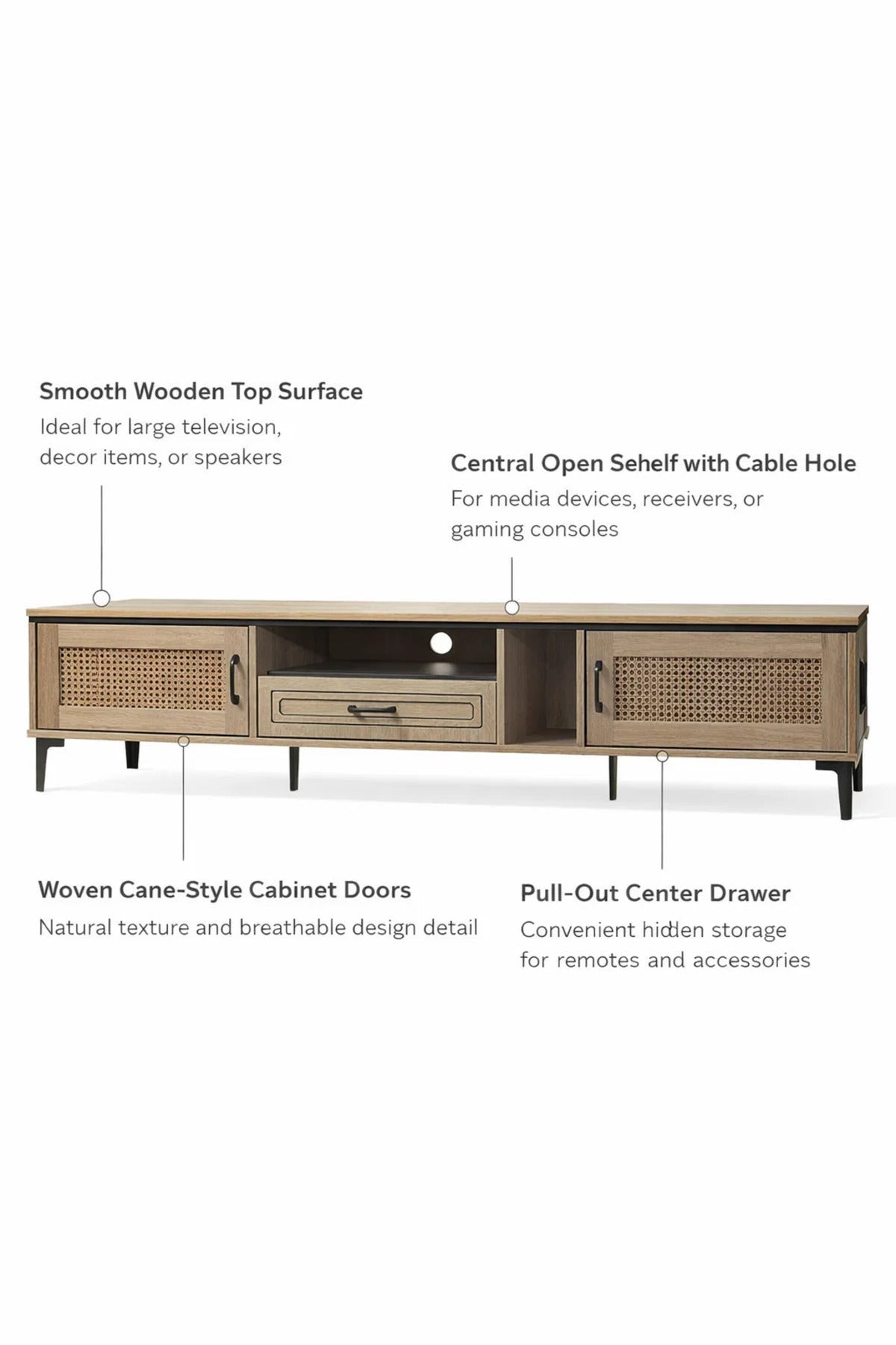Natural Wood TV Stand √ê 200x40x46 cm Modern Plasma Table with Cabinets & Drawer