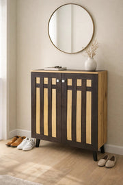 Modern Wooden Shoe Cabinet 2-Door Entryway Storage Organizer Rack Two-Tone Brown Finish 80cm