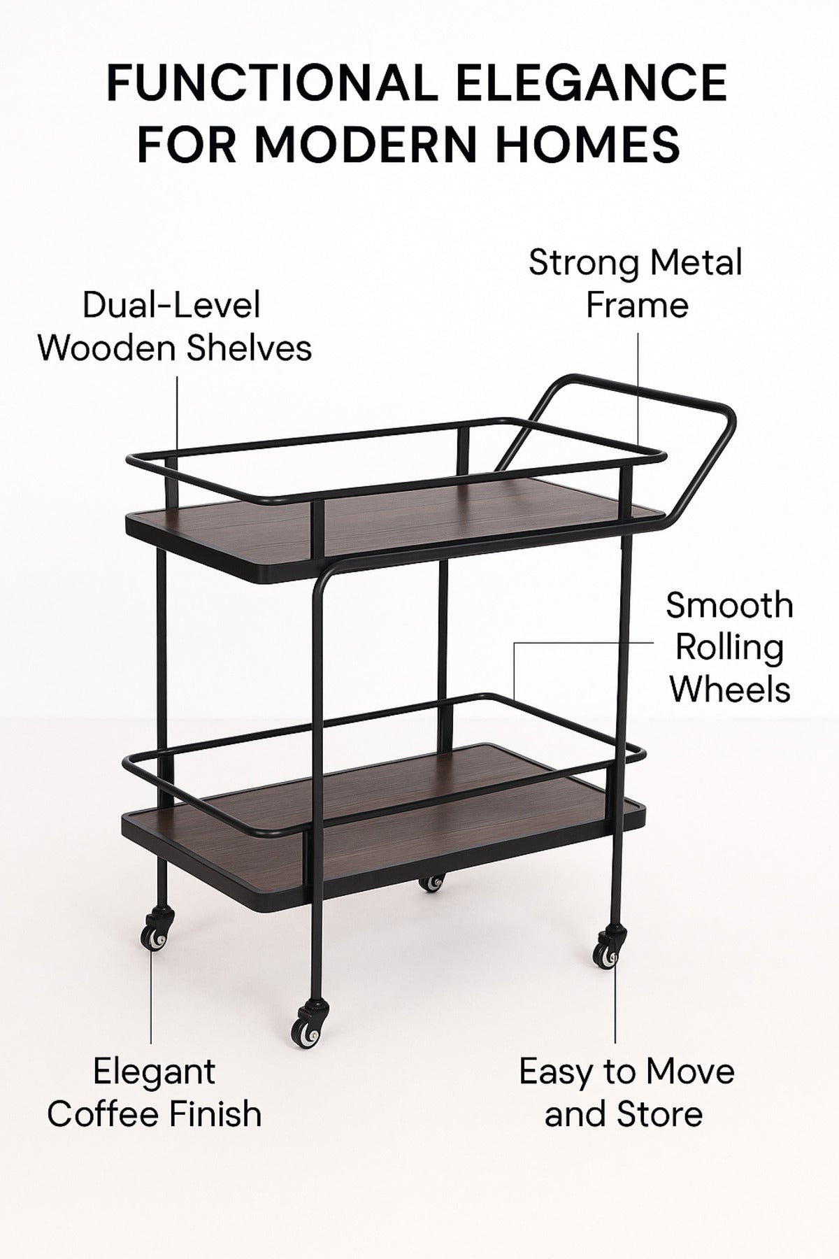 Modern Coffee Brown Serving Trolley with Metal Frame √ê 2-Tier Bar Cart with Wheels 83_40_80 cm